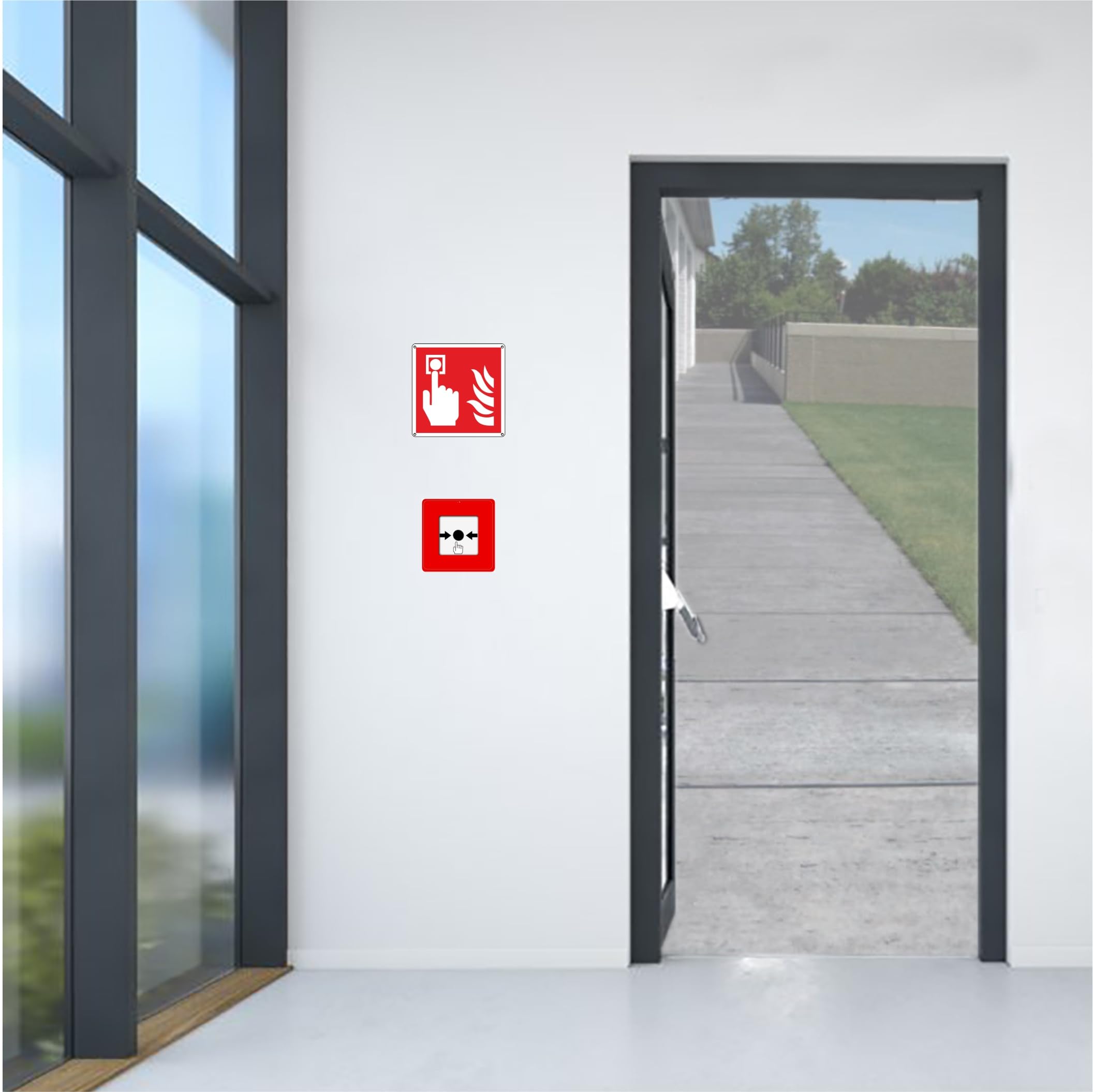 pubblimania Pulsante Allarme Incendio Adesivo in PVC Resistente per Esterno e Interno cm 14,5x14,5 (Pulsante Allarme Incendio)