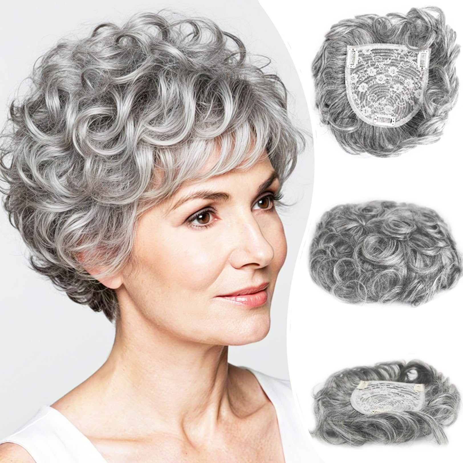 ICRAB Breathable Short Curly Topper Hair Piece for Women with Thinning Hair Real Human Hair,Silver Gray Color Natural Layered Short Curly Human Hair