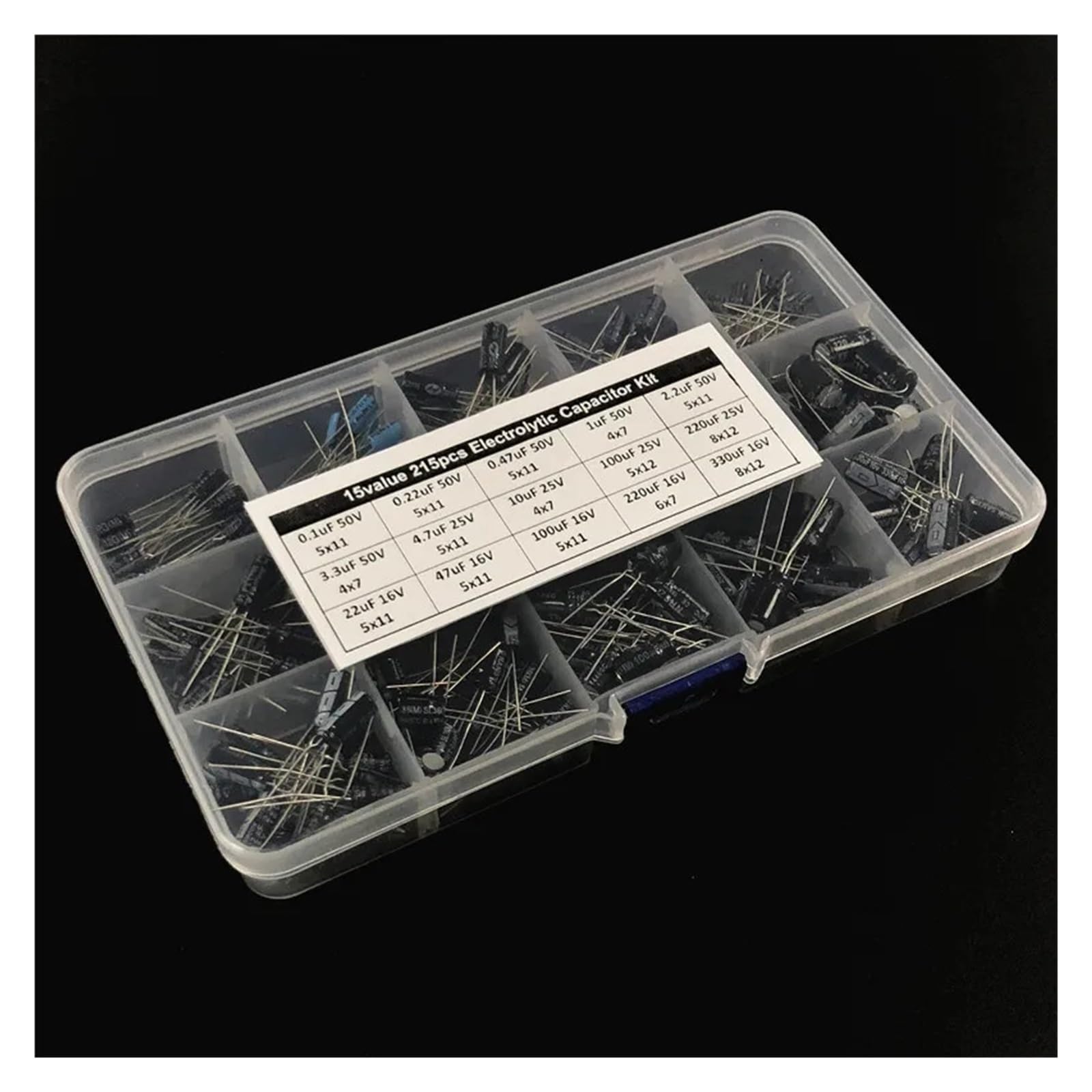 ICXLPMC 15 values 215pcs 16V/25V/50V (0.1uF to 330uF) mix Electrolytic capacitor kit with a storage box