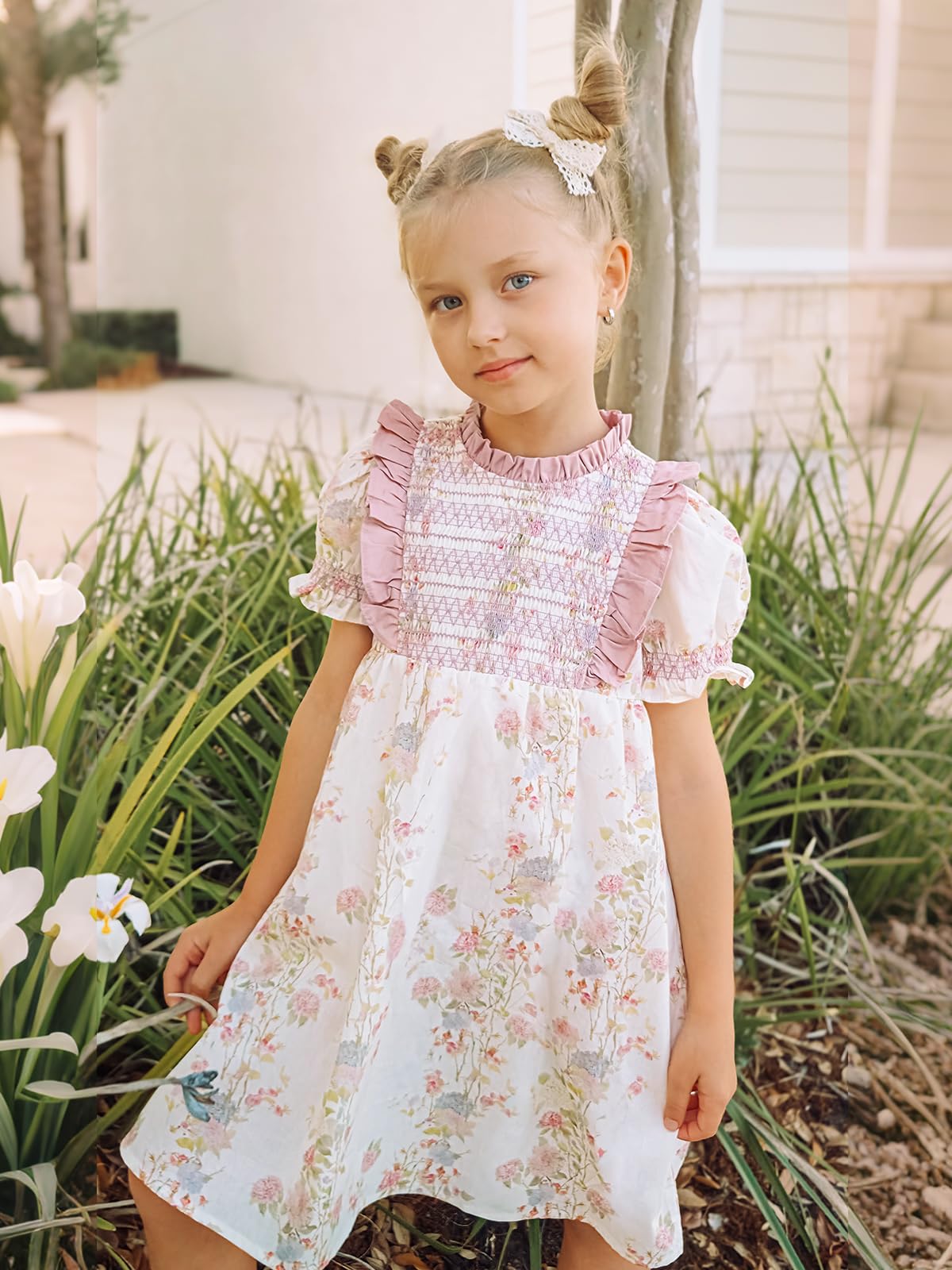Miipat Vestidos de Algodón para Niñas, Vintage Vestidos Estampado Floral Fruncidos de Verano Mangas Abullonadas y Cuello Peter Pan Vestido Casuales para Niños