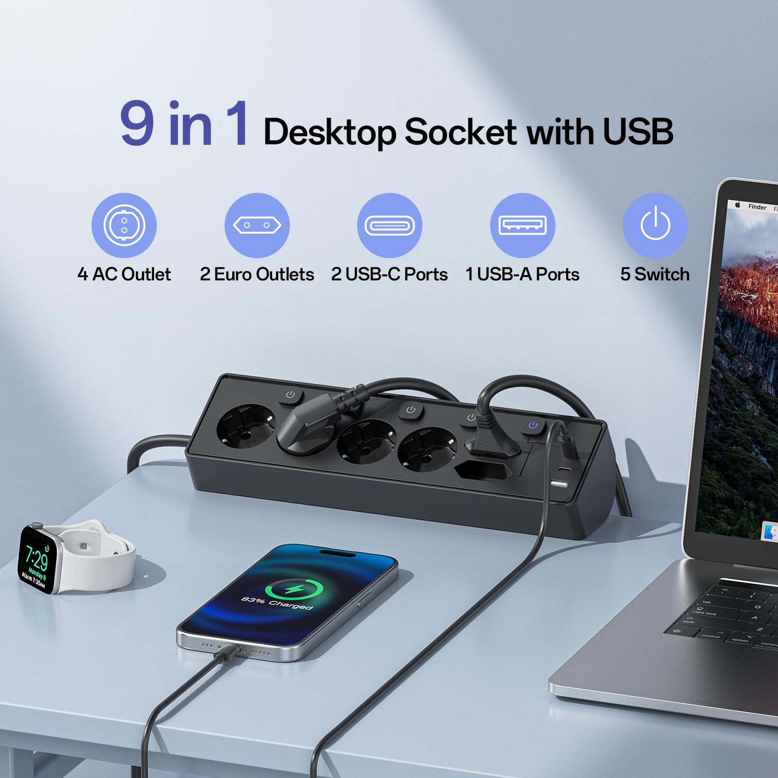 3M Ciabatta Multipresa con USB, 6 Prese di Corrente e 3 USB, PD 30W Ciabatta Elettrica with Surge Protection, Multipresa Elettrica di con Interruttore per Scrivania, Ufficio, Casa