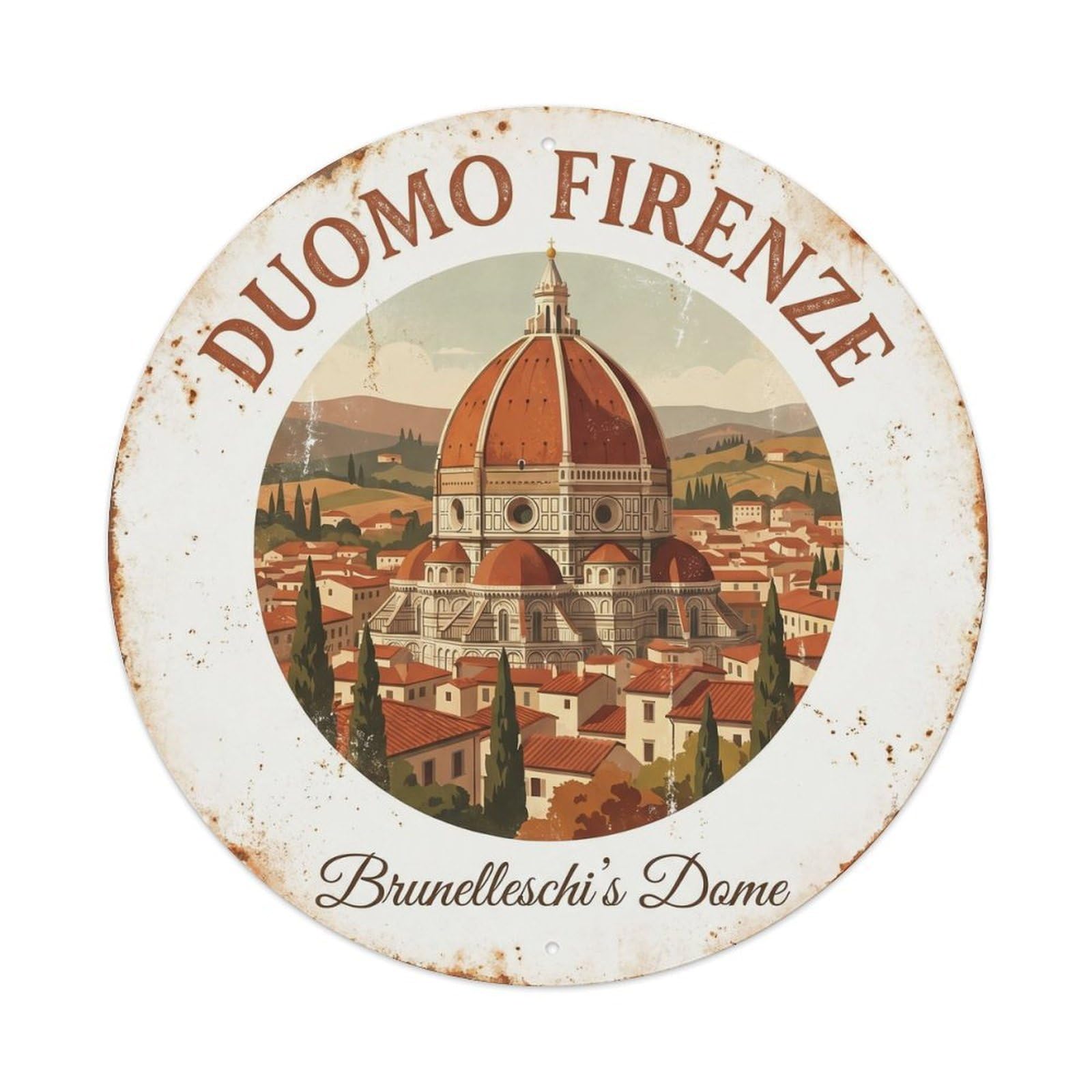 Vintage Travel Duomo Florence Italy Metal Tin Sign Plaque Wall Decor for Cafe, Club, Garden Round Metal Poster 8x8Inch