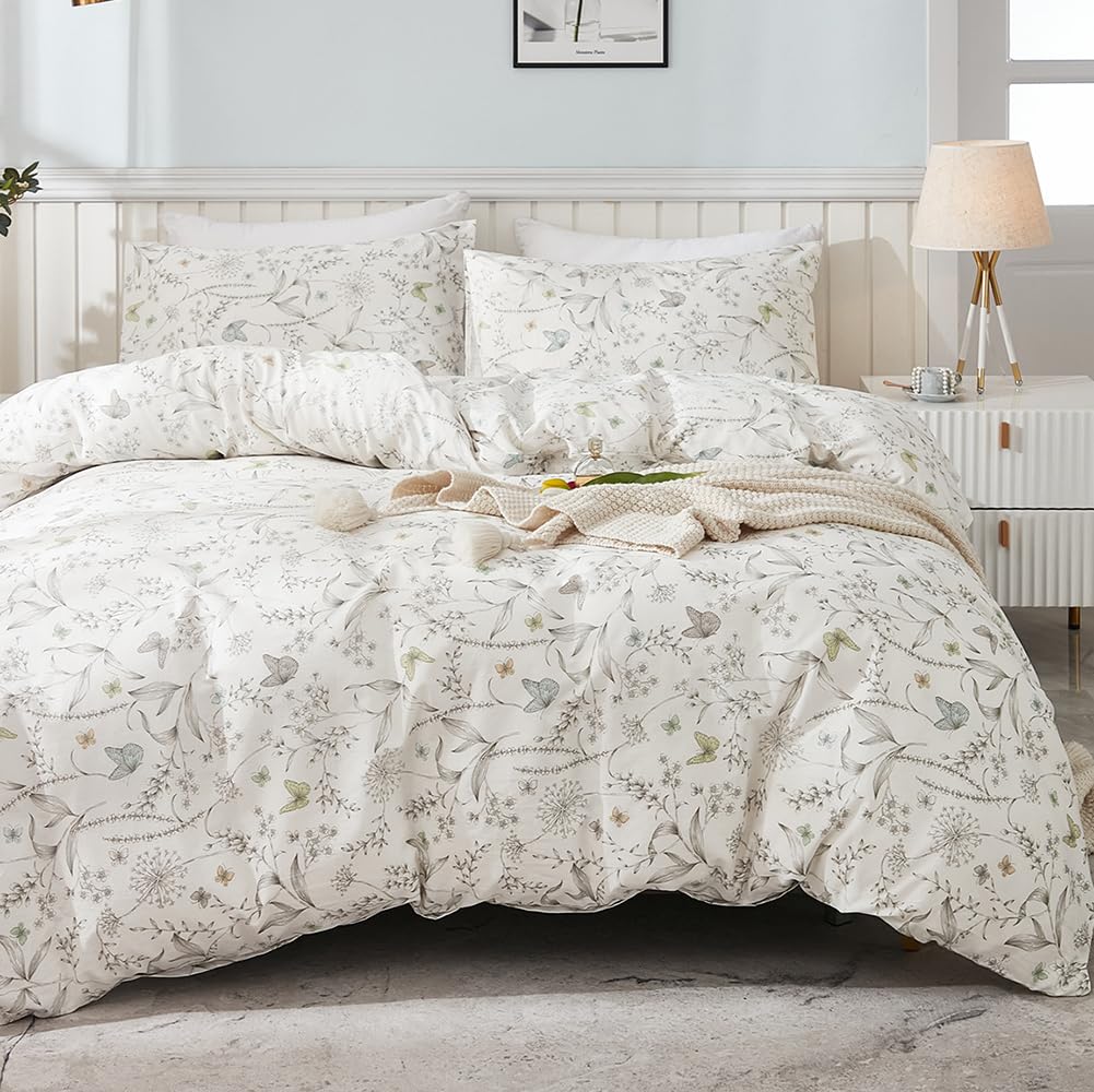 Housse de couette coton 240x260 haut de gamme au motif feuilles et fleurs imprimées