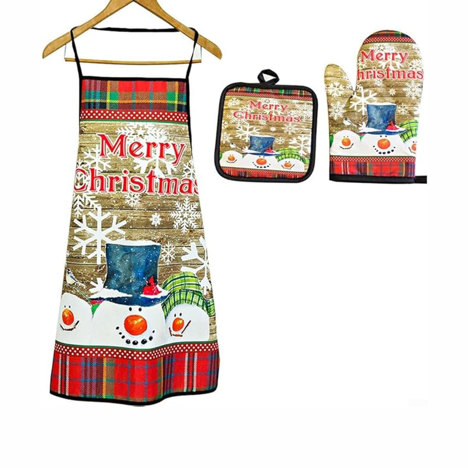 WAZUBC 3 Pcs Santa Claus Apron Set, Cute Festive Santa Claus Apron Kit with Gloves And Coaster for Xmas Party Chef Cooking Restaurant Baking BBQ Home Decoration (D)