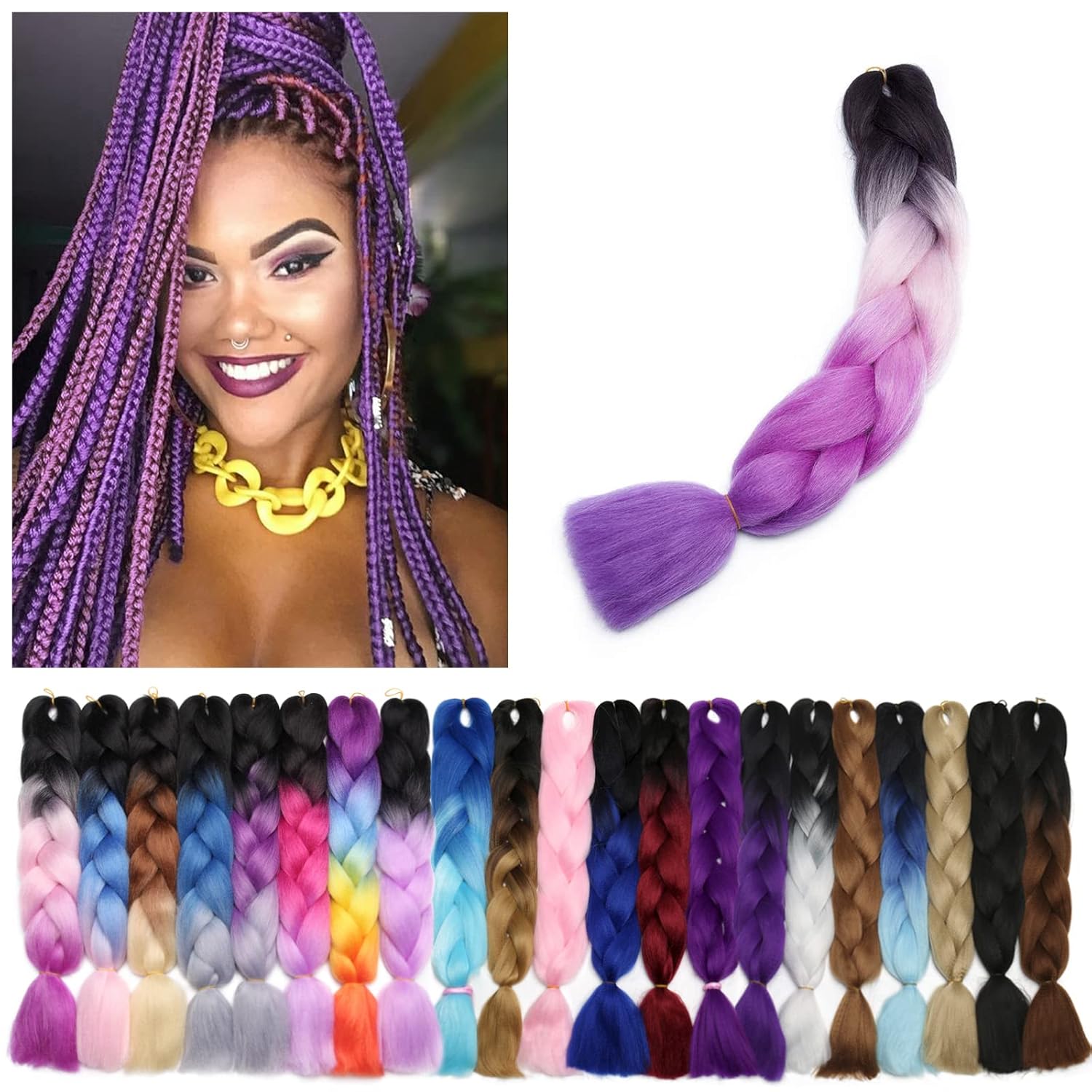 Benehair Rainbow Braiding Hair 1 Bundle 24inch Jumbo Braiding Hair Extensions High Temperature Synthetic Braid Hair Braiding Hair Pre Stretched Ombre Braiding Hair (Black+Pink+Rose Red+Purple)