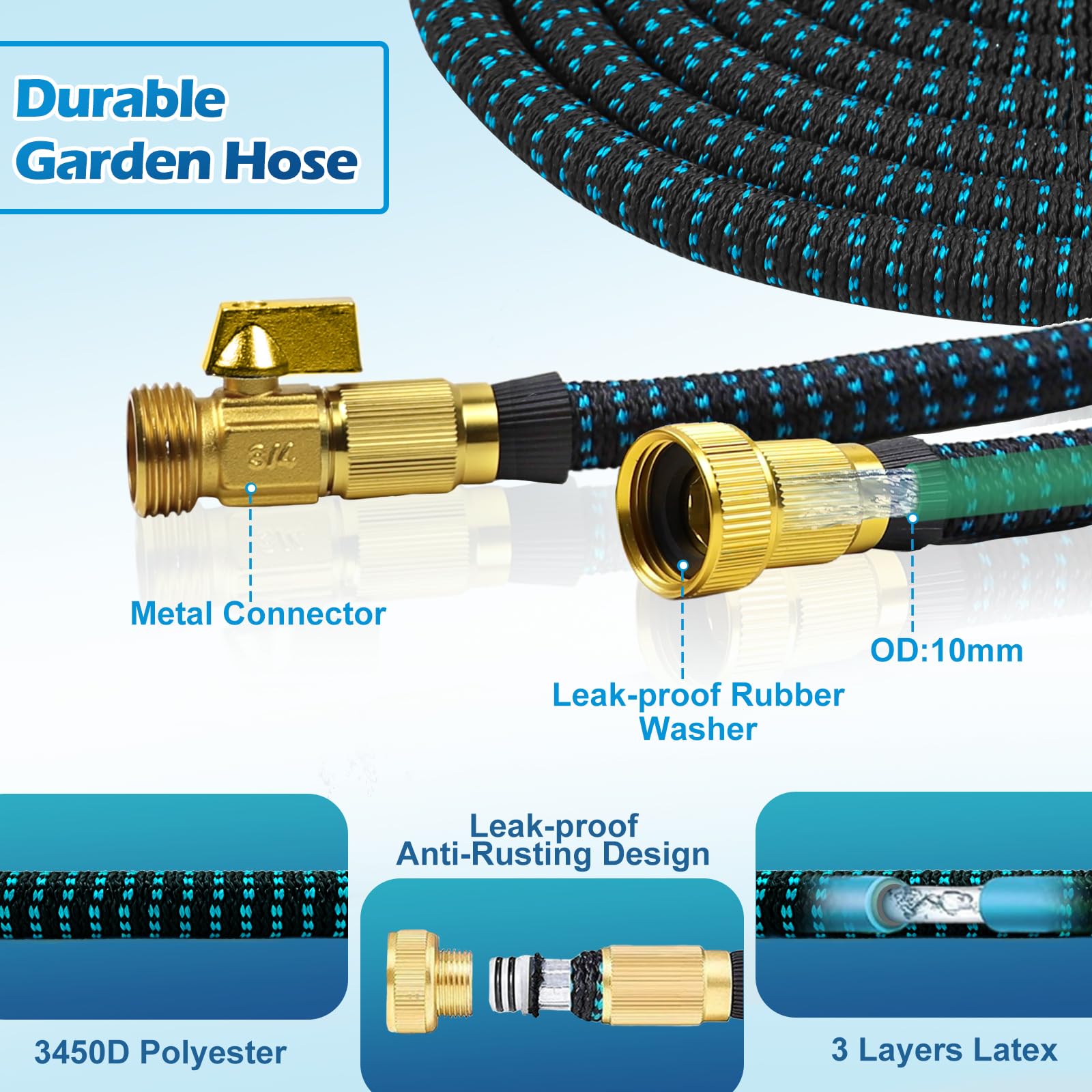 Expandable Garden Hose 100FT, Lightweight Water Hose with 10 Function Nozzle & 3/4" Solid Brass Fittings,Kink Free Retractable Collapsible Flexible Gardening Hose Pipe with Hook and Storage Bag,Blue - 3