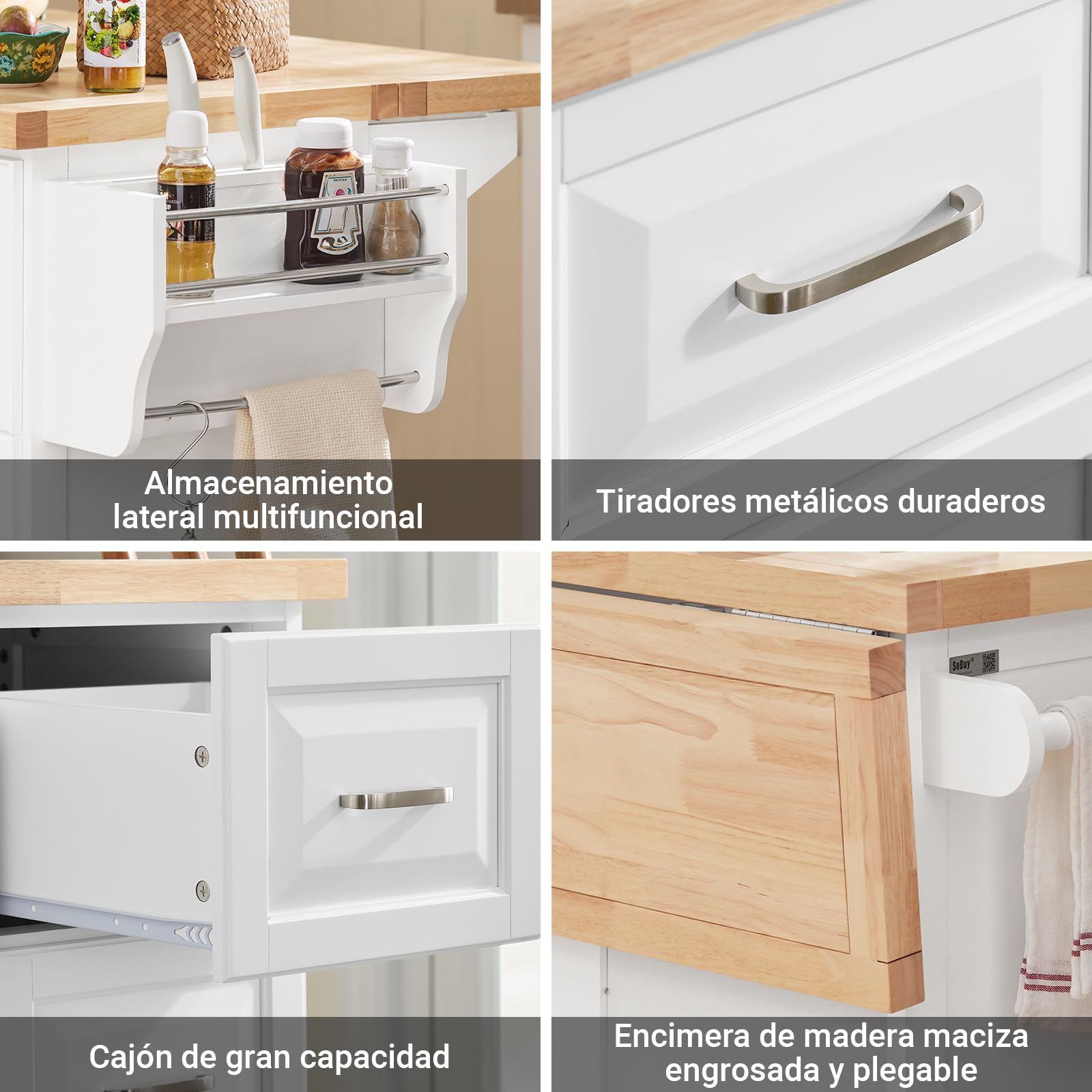 SoBuy Isla Cocina con encimera de Madera Maciza Extensible Carrito de Cocina con Ruedas Mueble de Cocina con 3 cajones Blanco 130x91x(46-71) cm FKW41-II-WN