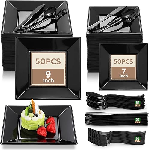 Rtteri 250 platos cuadrados de plástico desechables, platos cuadrados de plástico para fiesta, incluye 50 platos de cena, 50 platos de postre, 50