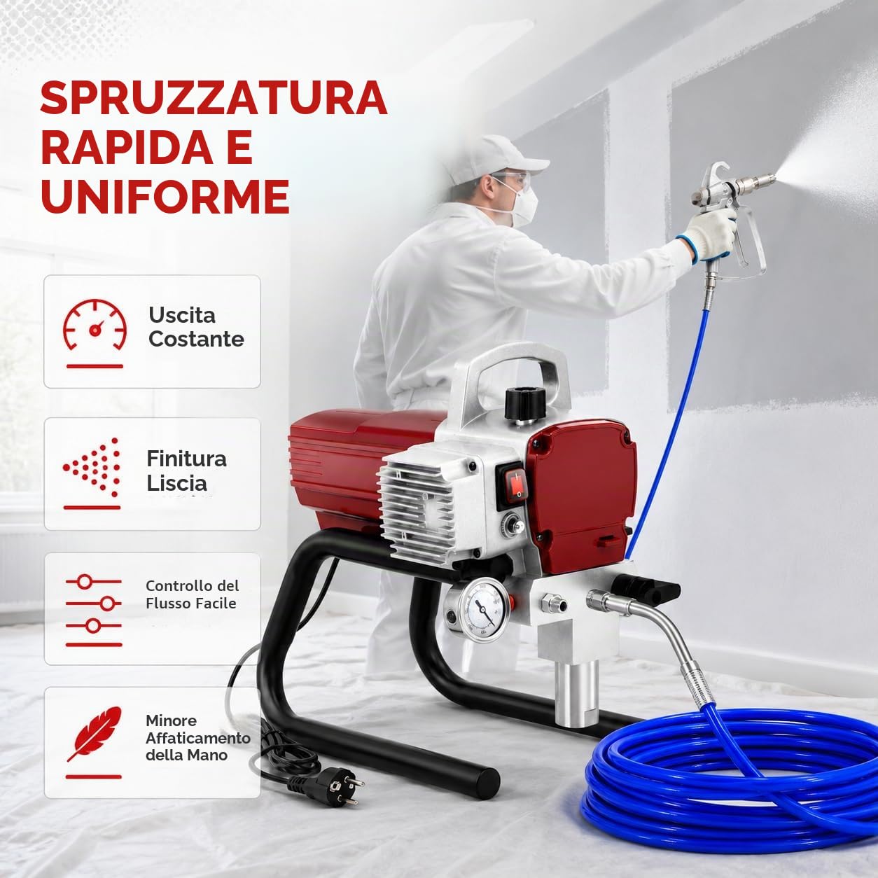 Dispositivo di verniciatura a spruzzo professionale 1,8 KW, Airless Paint 250 mm con tubo di 13 m, sistema di verniciatura a spruzzo airless ad alta pressione 1,8 l/min
