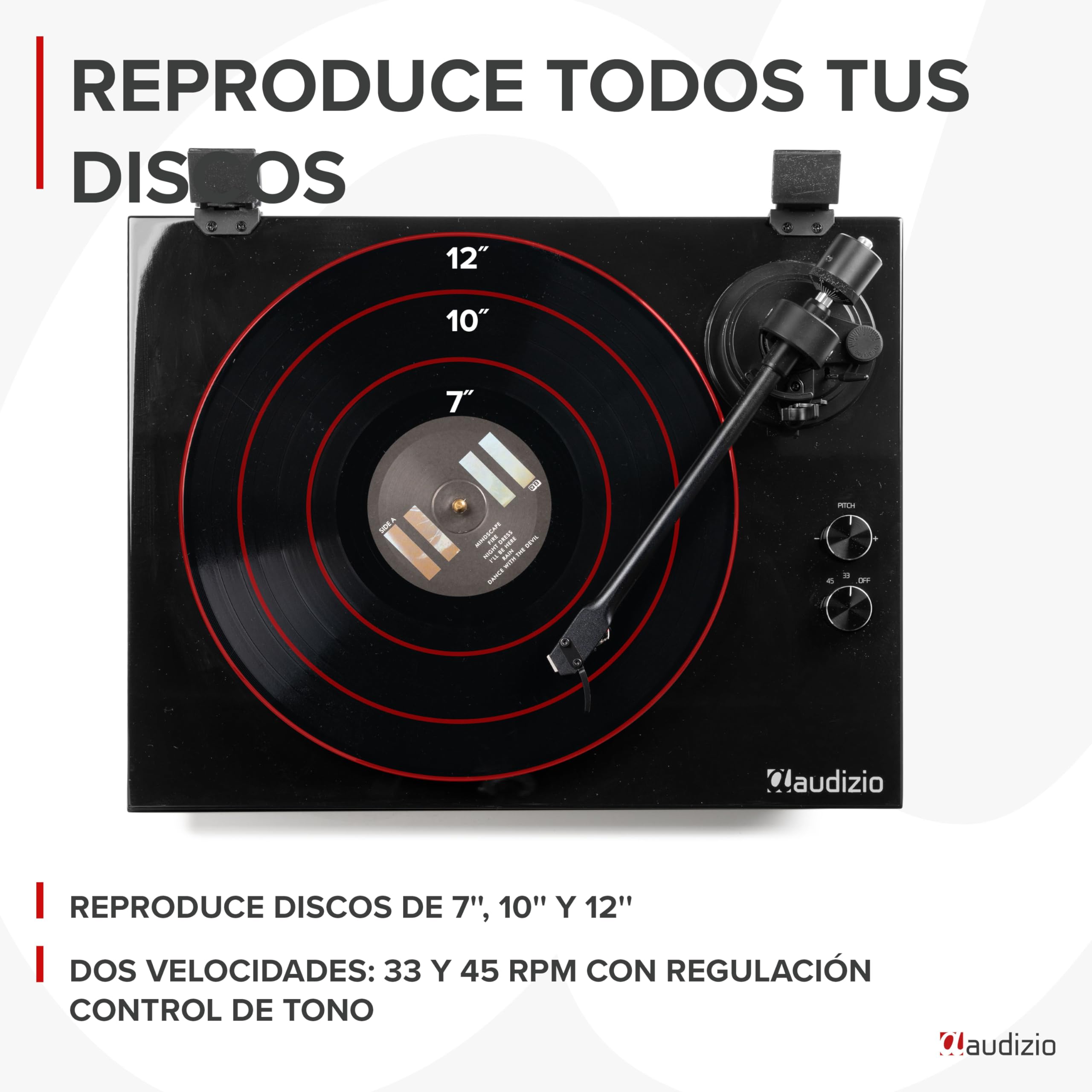 Audizio Toledo - Tocadiscos con Bluetooth Acabado Negro 33/45 RPM estéreo | Bluetooth y salida RCA incorporados, cápsula Audio Technica, sonido estéreo, para digitalizar tu colección de discos