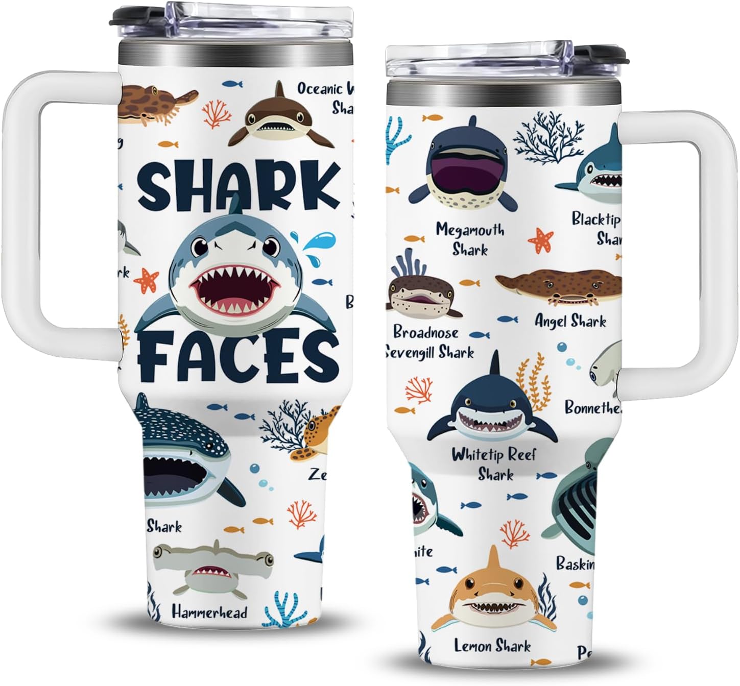 Shark Tumbler 40oz with Handle and Straw Lid Leak Proof - Shark Gifts for Kids Adult - Sharks Themed Gifts for Sharks Lovers Travel Coffee Mug for Christmas Birthday