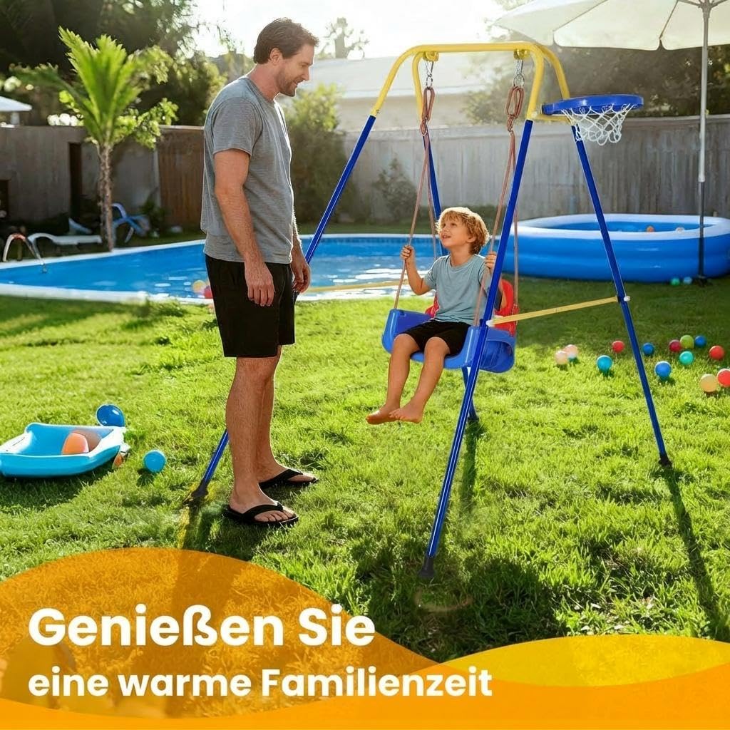 4-in-1 Kinderschaukel Babyschaukel mit Basketballkorb, zusammenklappbar, sicherer Metallrahmen Schaukelgestell, Sicherheitsgurt, Indoor & Outdoor, ab 6 Monaten