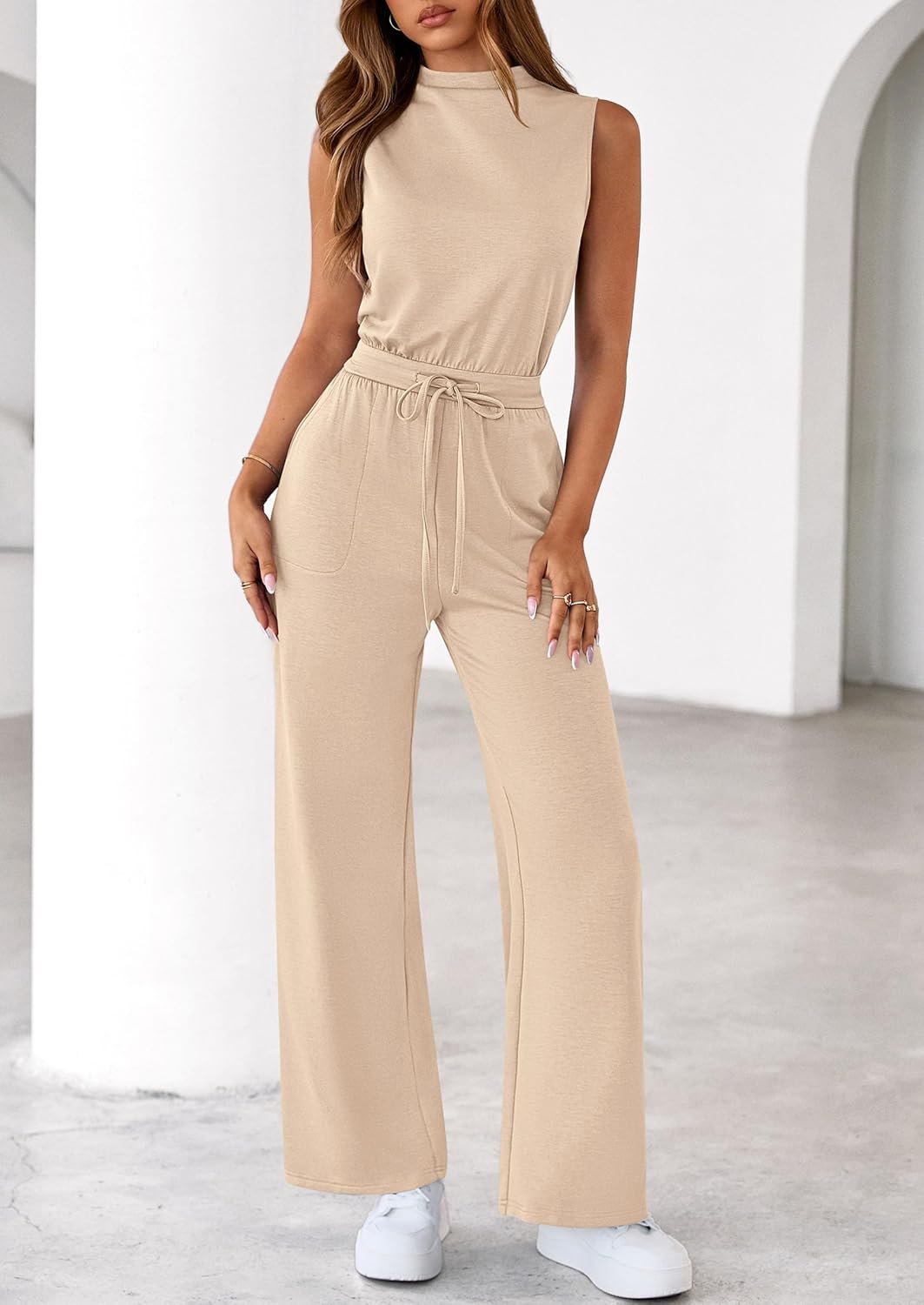 PRETTYGARDEN One Piece Jumpsuits for Women Dressy Summer Business Casual Outifts Sleeveless Mock Neck Wide Leg Rompers - Image 2