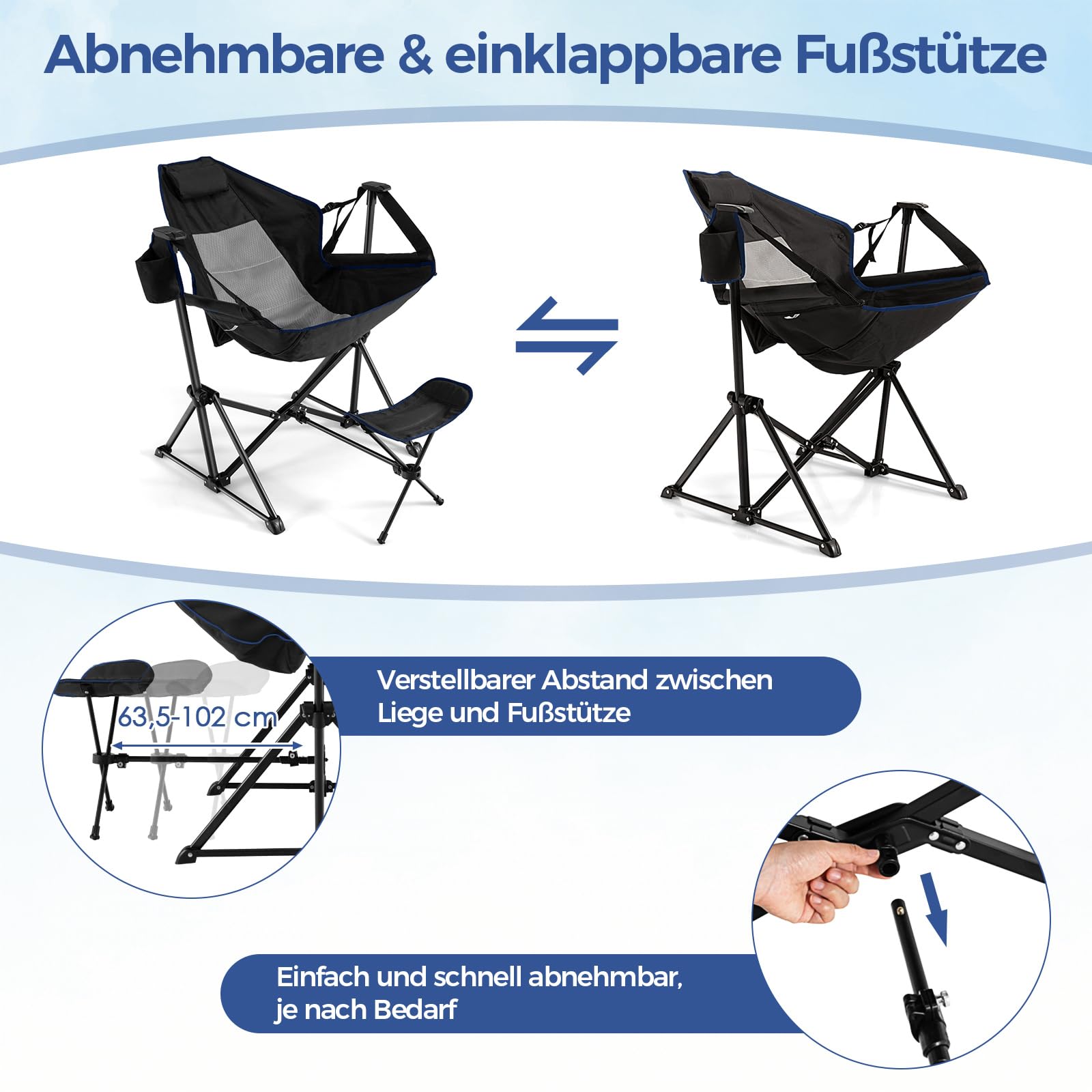 COSTWAY Campingstuhl mit Fußstütze, Verstellbarer Rückenlehne, Kopfstütze & Getränkehalter, klappbarer Angelstuhl, Faltstuhl, Klappstuhl, Tragfähigkeit 150 kg, inklusive Tragetasche