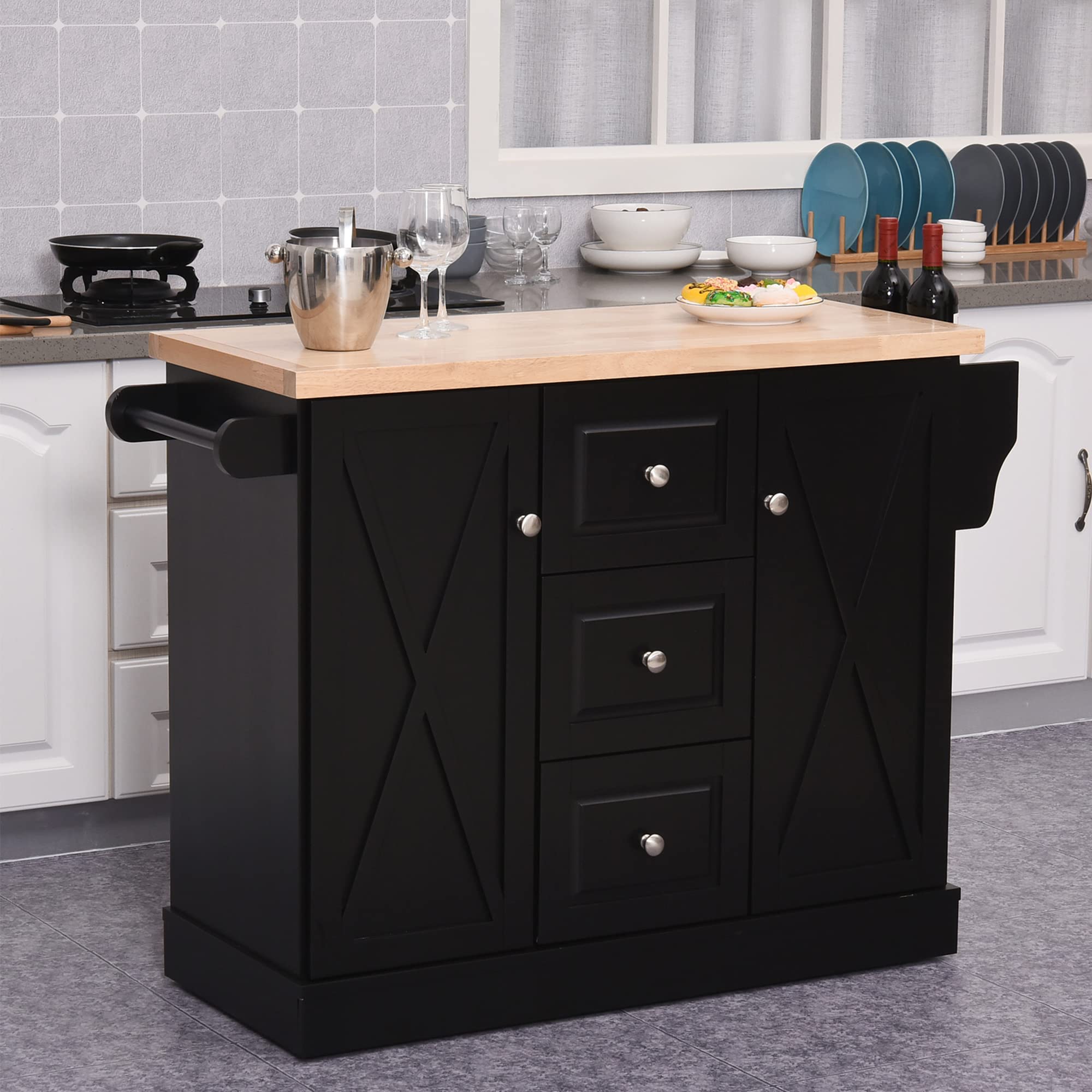 Farmhouse Mobile Kitchen Island Utility Cart on Wheels with Barn Door Style