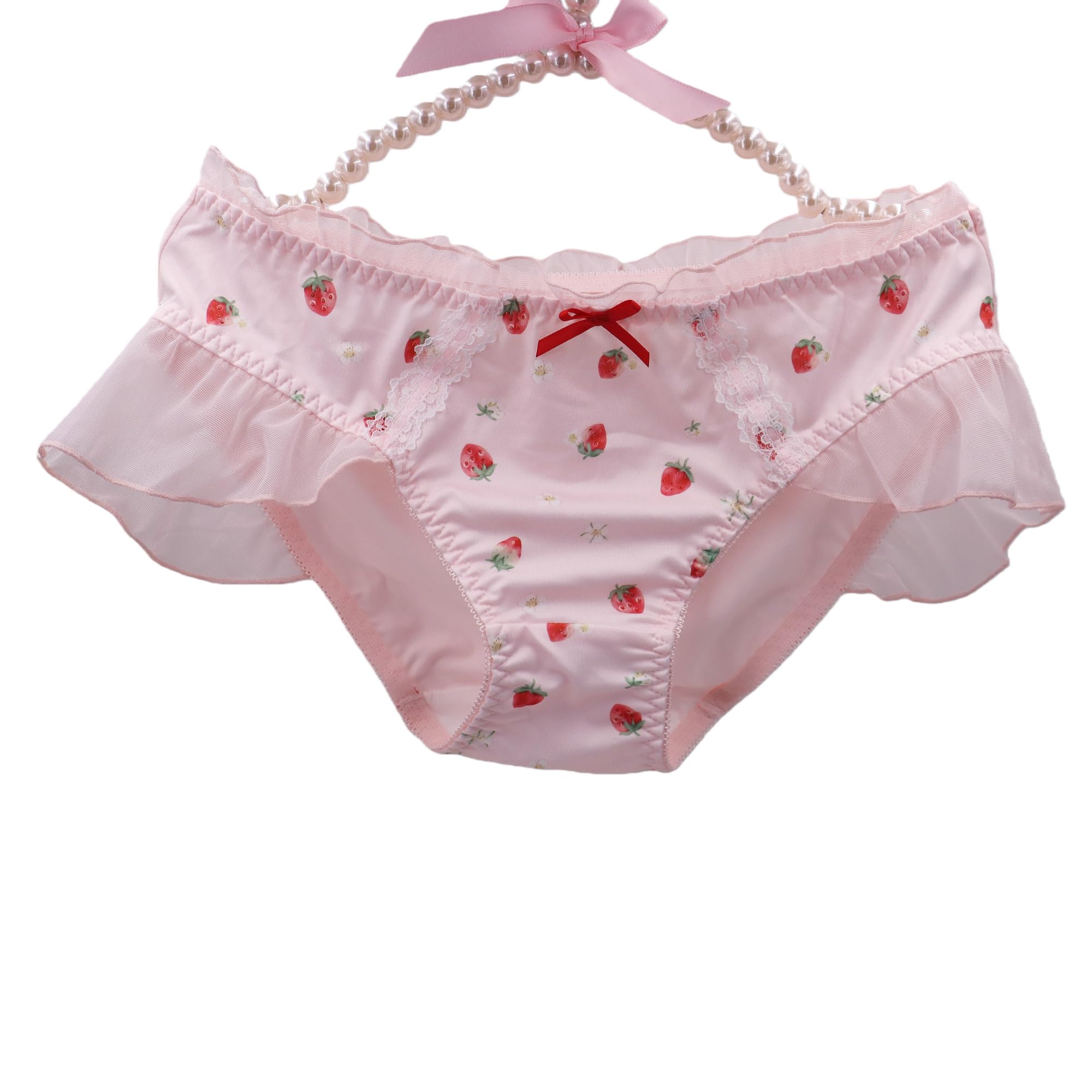 EasyTalk Sweet Strawberry Print Ruffled Panties, Pink with Red Bows Underwear, Lolita Pants, Mesh Trim, Soft Rayon Fabric, fit for High School Students (UK, Alpha, XL, Regular, Regular, 41077)