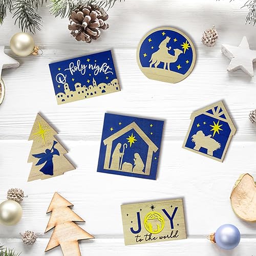 Miniatura 5 de Decoración de bandeja escalonada, decoración de bandeja religiosa de Navidad, letrero de madera con texto en inglés "Joy O Holy Night Jesus",