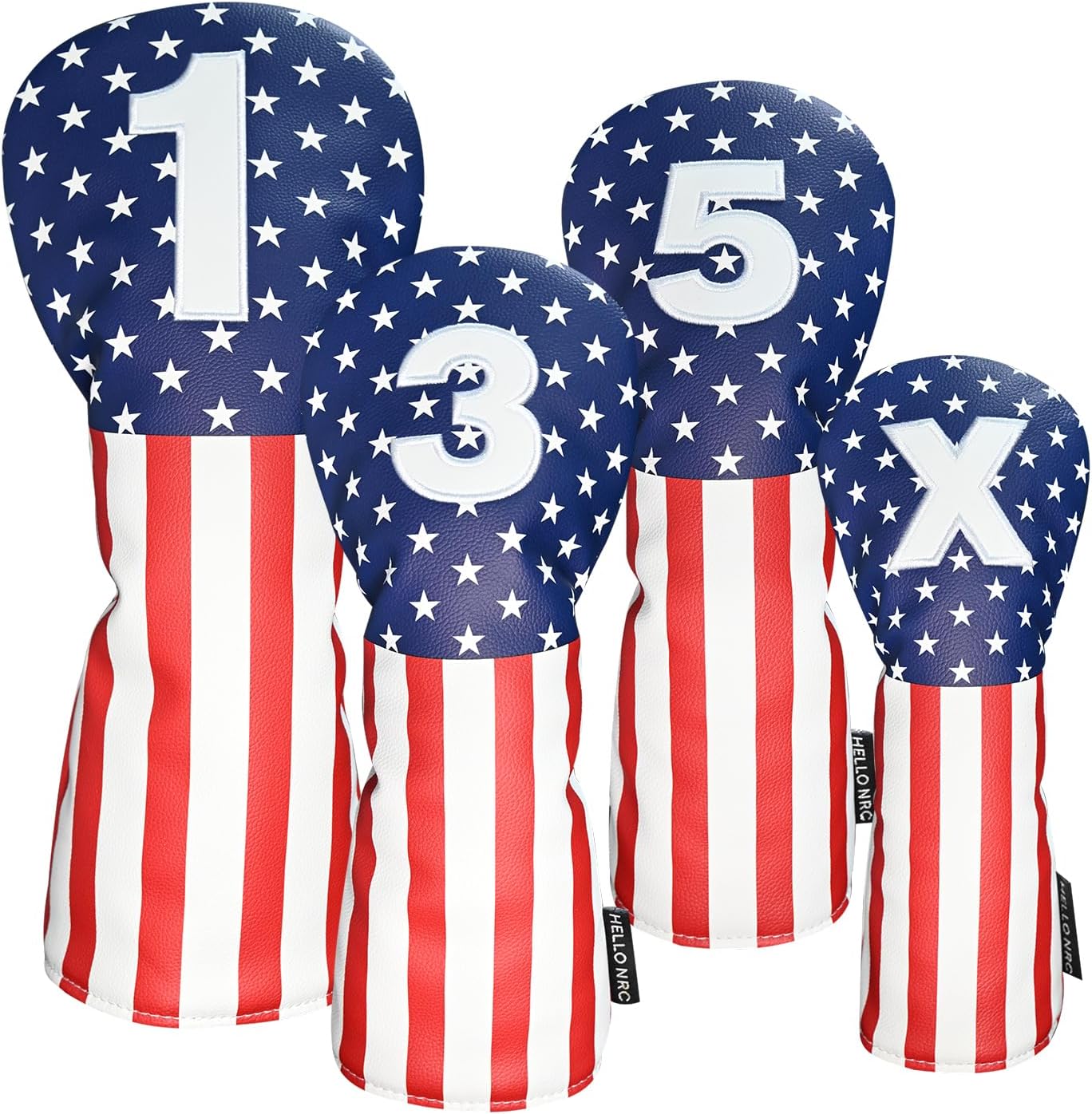 HELLO NRC Golf Head Covers, Headcover for Woods and Driver Hybrid Set, Waterproof Club Head Covers, 4pcs or 1pc PU Leather USA Stars and Stripes 1 3 5 X for Most Golf Clubs