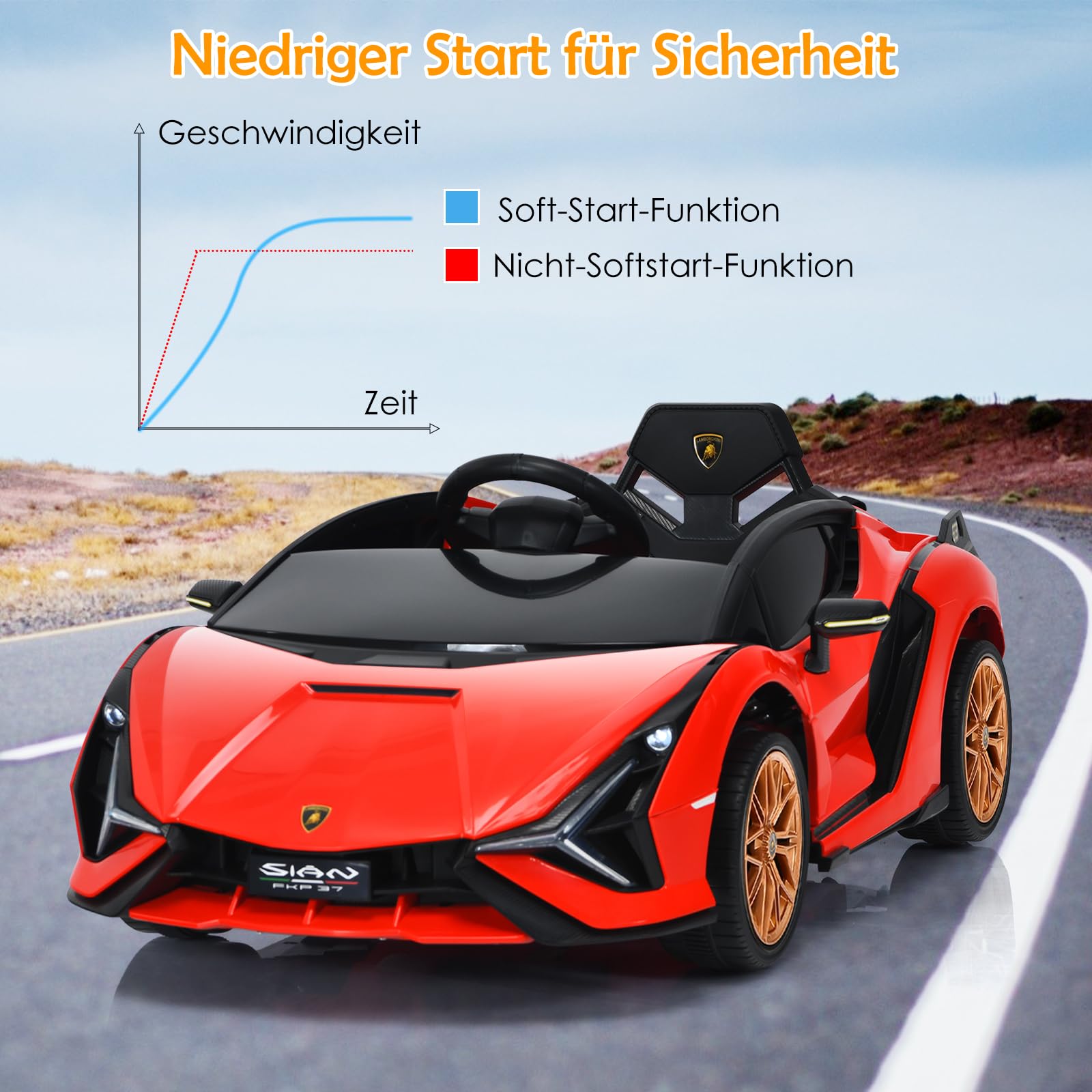 GOPLUS Samochód elektryczny dla dzieci Lamborghini, samochód dziecięcy z pilotem zdalnego sterowania, pojazd dziecięcy, Bluetooth USB, z klaksonem i muzyką, 3-5 km/h, możliwość jazdy do przodu i do