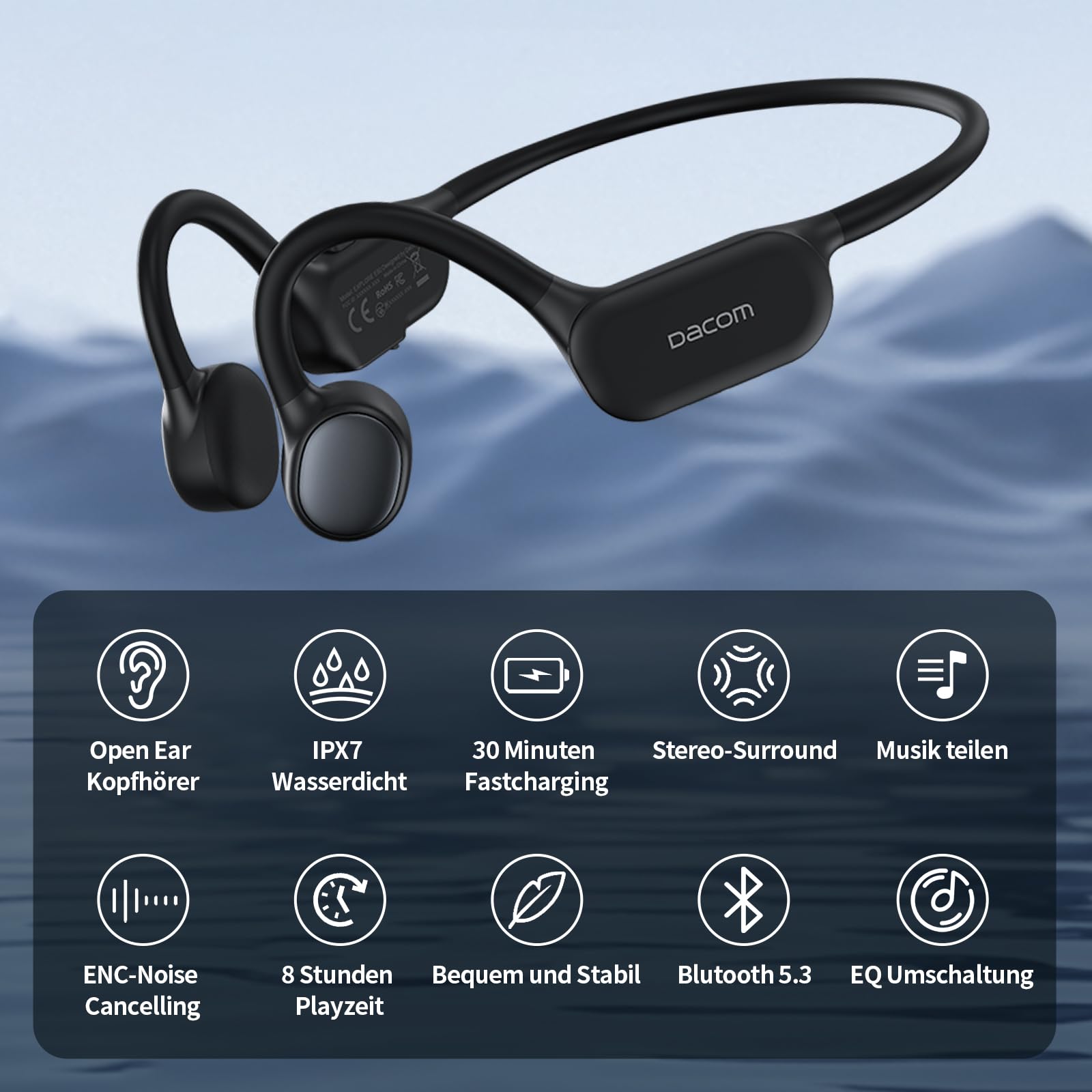 DACOM Słuchawki dźwiękowe kości Bluetooth 5.3 Open Ear bezprzewodowe słuchawki douszne IPX7 wodoszczelne słuchawki do uprawiania sportu, fitnessu i pływania