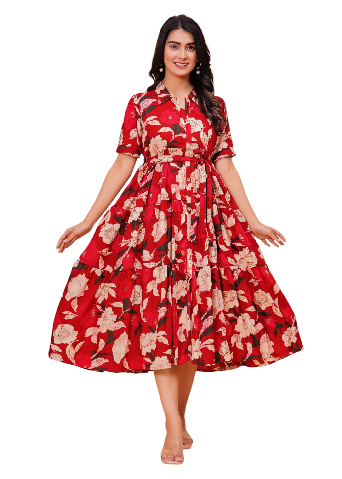 Jikonet Women's Western Dress Floral Printed Cotton Maxi Dress, (X-Small, Ajax Red)