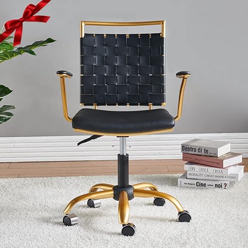 Miniatura 3 de Silla de oficina moderna de cuero, color dorado y negro, bonita silla de conferencias con respaldo medio con ruedas y brazos, cómoda silla giratoria