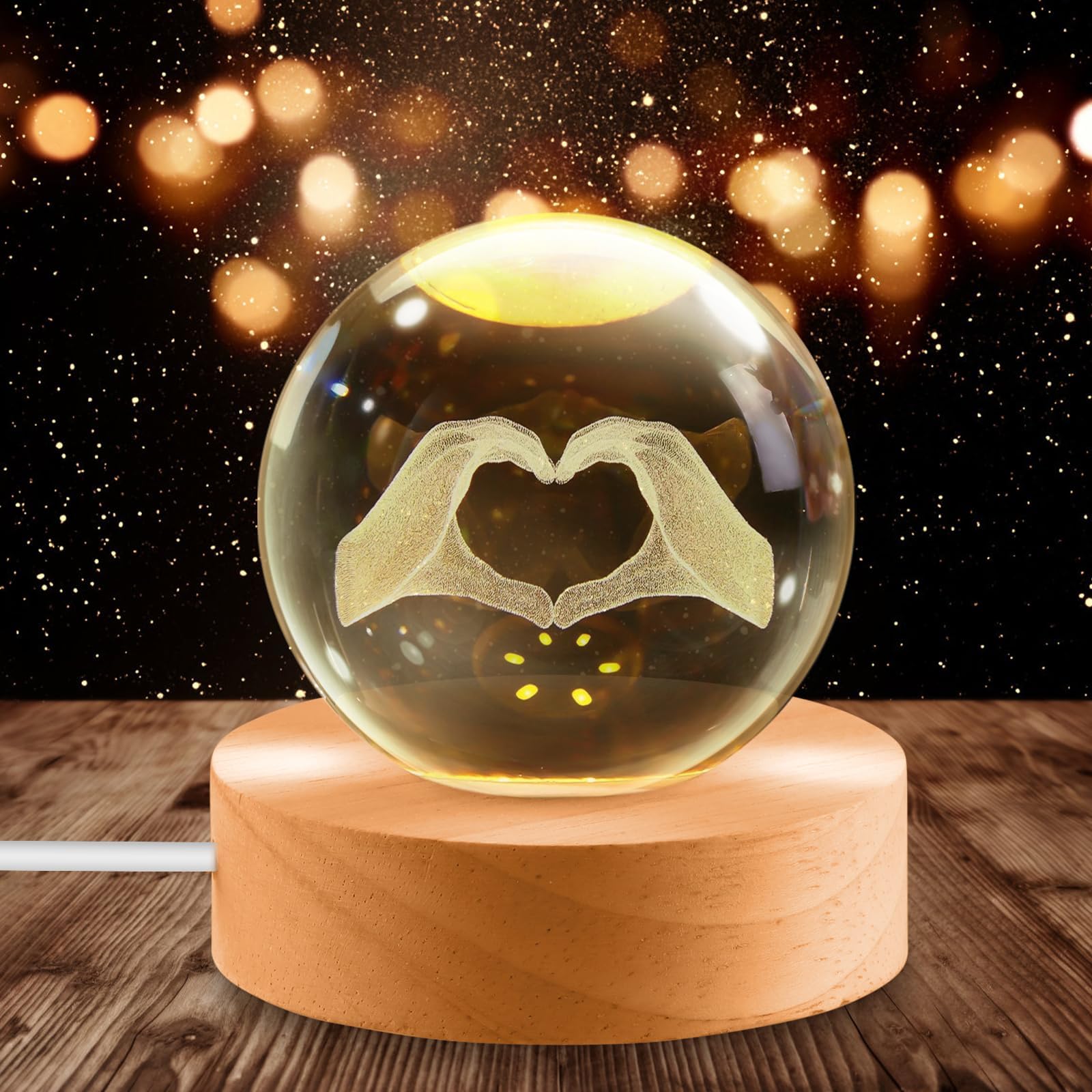 3D Crystal Ball Lamp, Laser Engraved Heart Night Light with Wooden Base, Multicolor USB LED Light, Romantic Gift for Girlfriend, Boyfriend, Bedroom Decoration