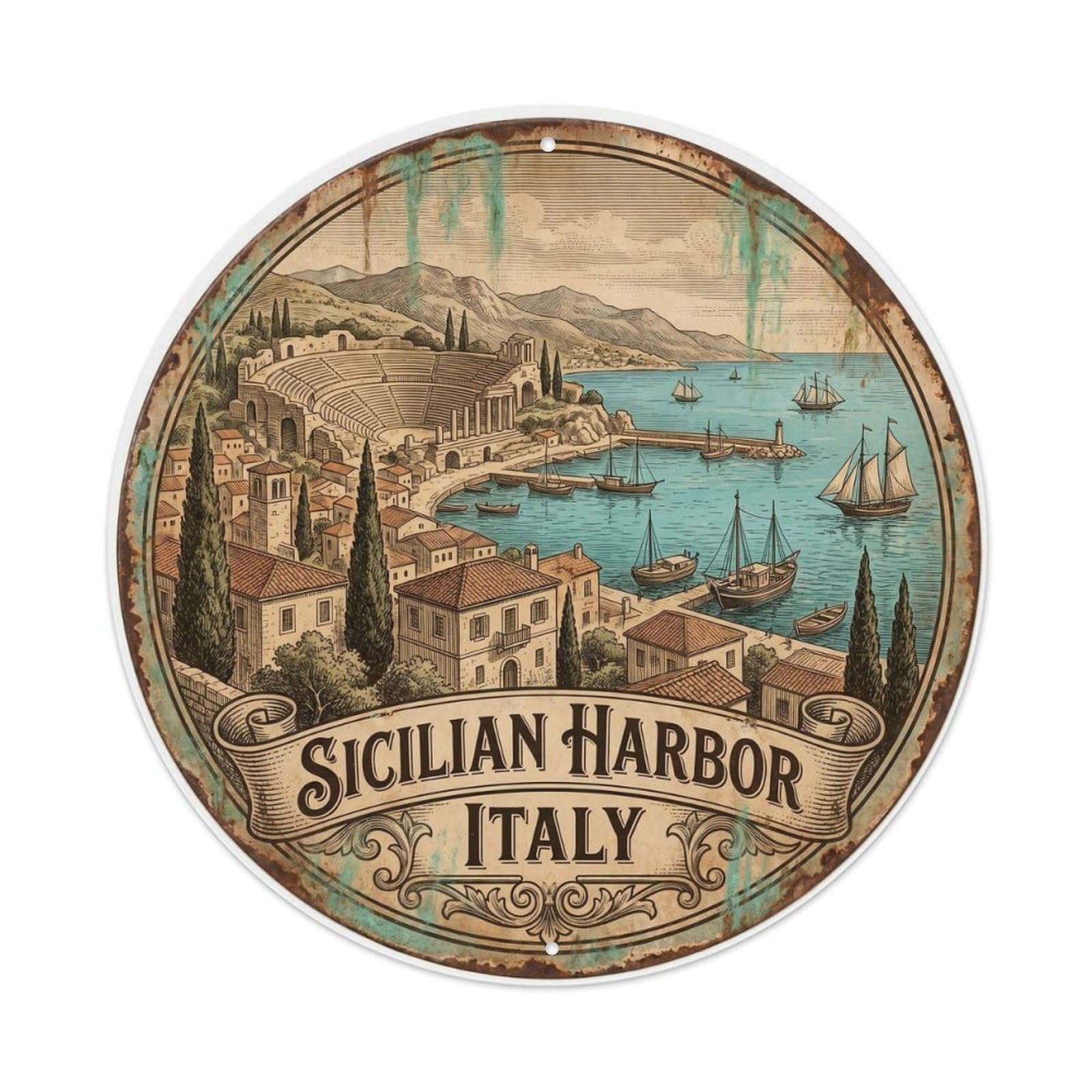 Vintage Travel Sicilian Harbor Italy Coast Metal Tin Sign