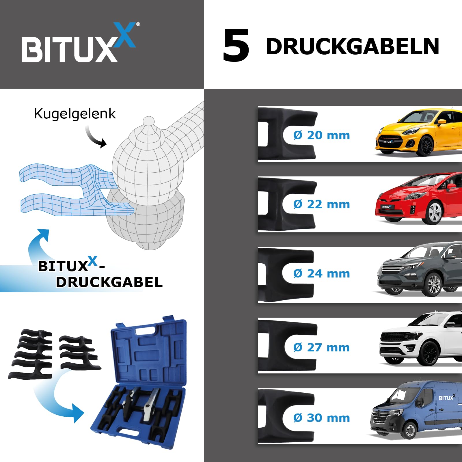 BITUXX 7-TLG. Tragegelenk Kugelgelenk Spurstangenkopf Abzieher Kugelkopf Kugelgelenkabzieher Ausdrücker Trenngabel Satz Werkzeug Set