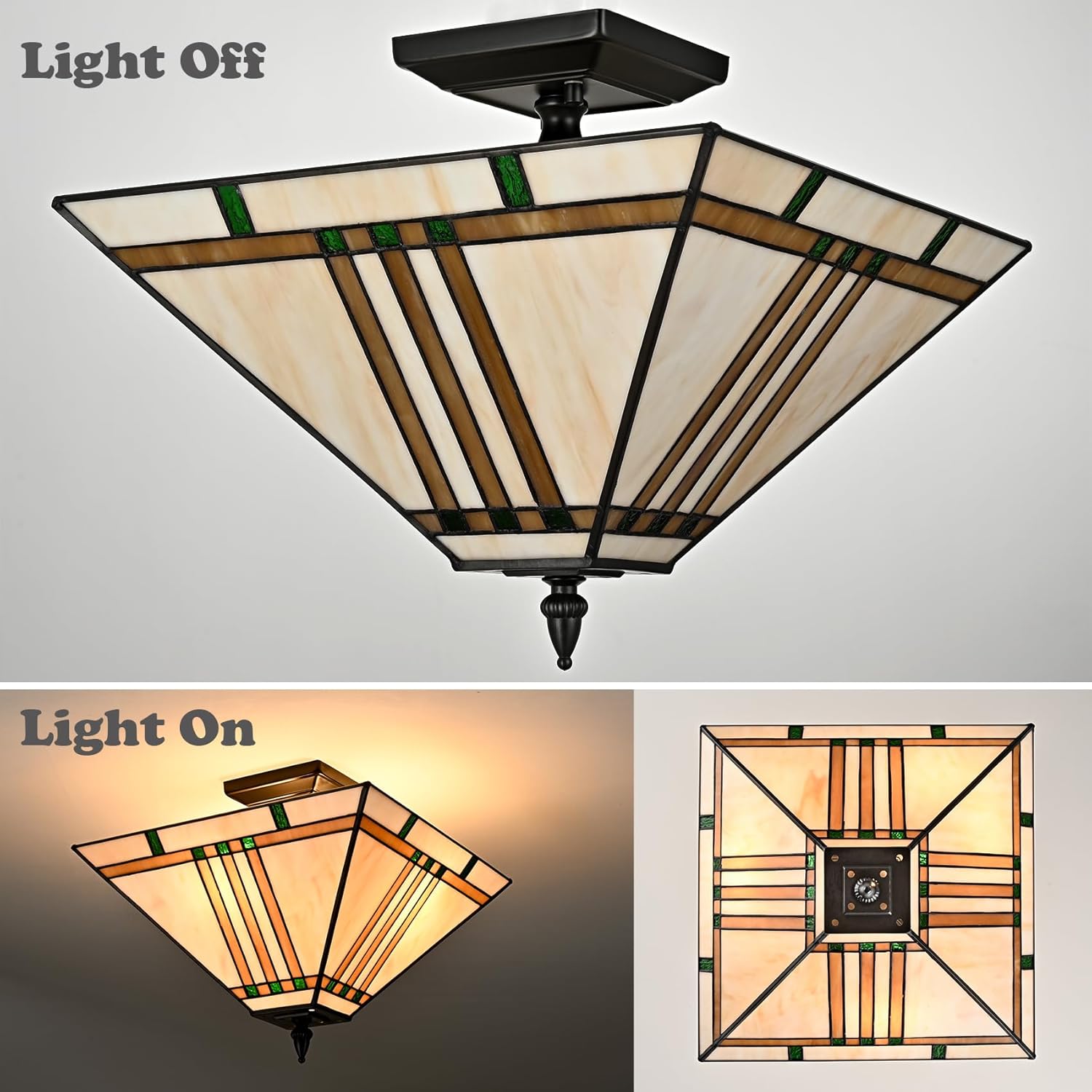 DAYCENT Tiffany Ceiling Lights, Stained Glass Ceiling Light Fixtures 3-Light 14 Inches Vintage Tiffany Style Semi Flush Mount Lamp for Bedroom Foyer Entryway Dining Room, Black Finish