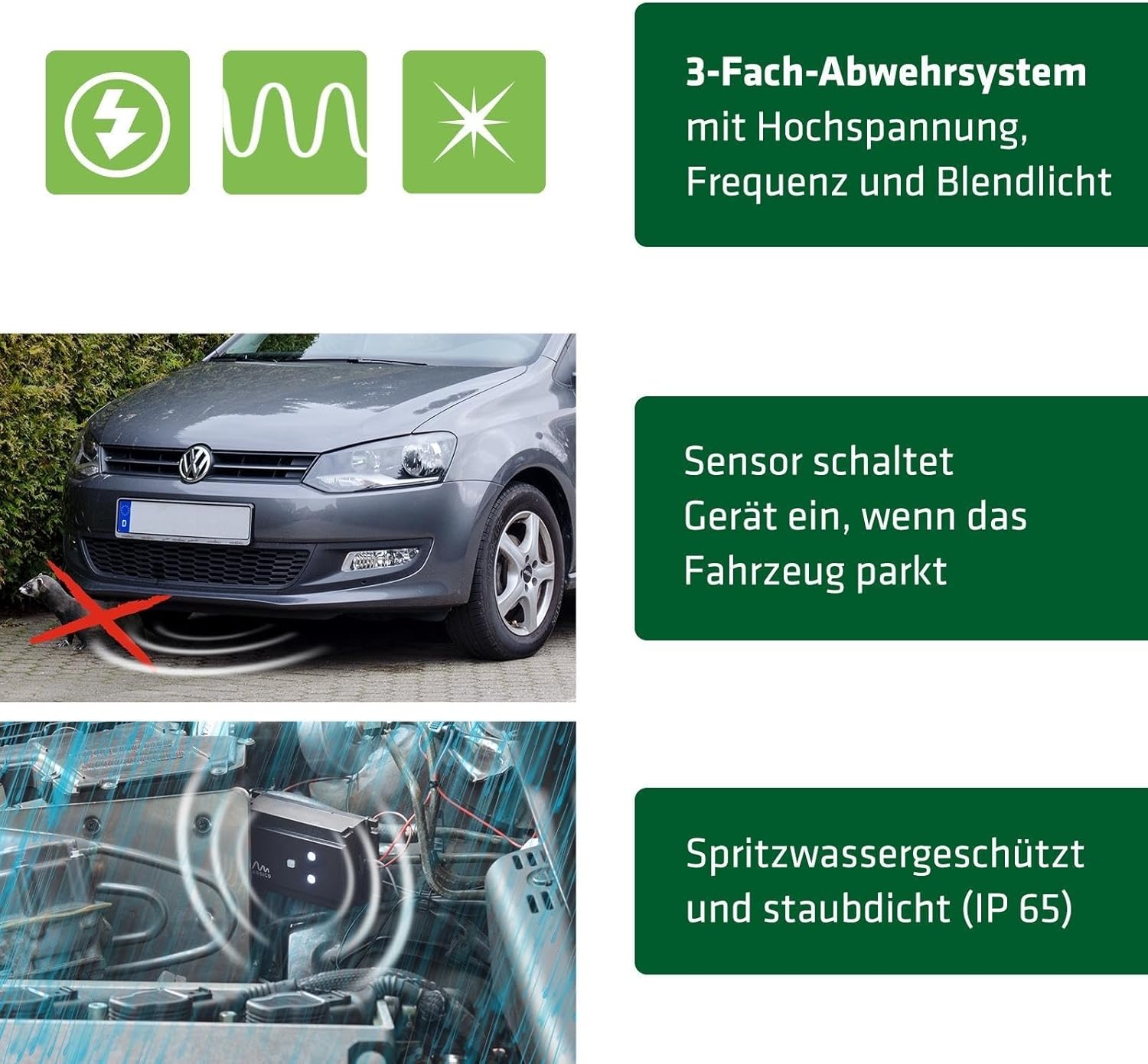Car parked with a red cross indicating marten activity detection