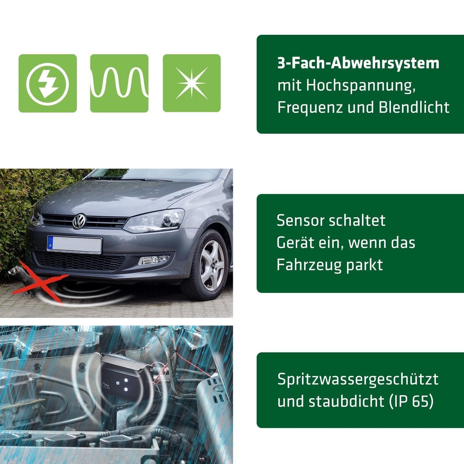 Gardigo® Repellente per Martore Auto con Scossa Elettrica, Tripla Protezione con Ultrasuoni, Luce Flash e Scossa Elettrica, Scaccia Roditori, Donnole, Martore, Procioni dal Vano Motore 400V | 12-24kHz
