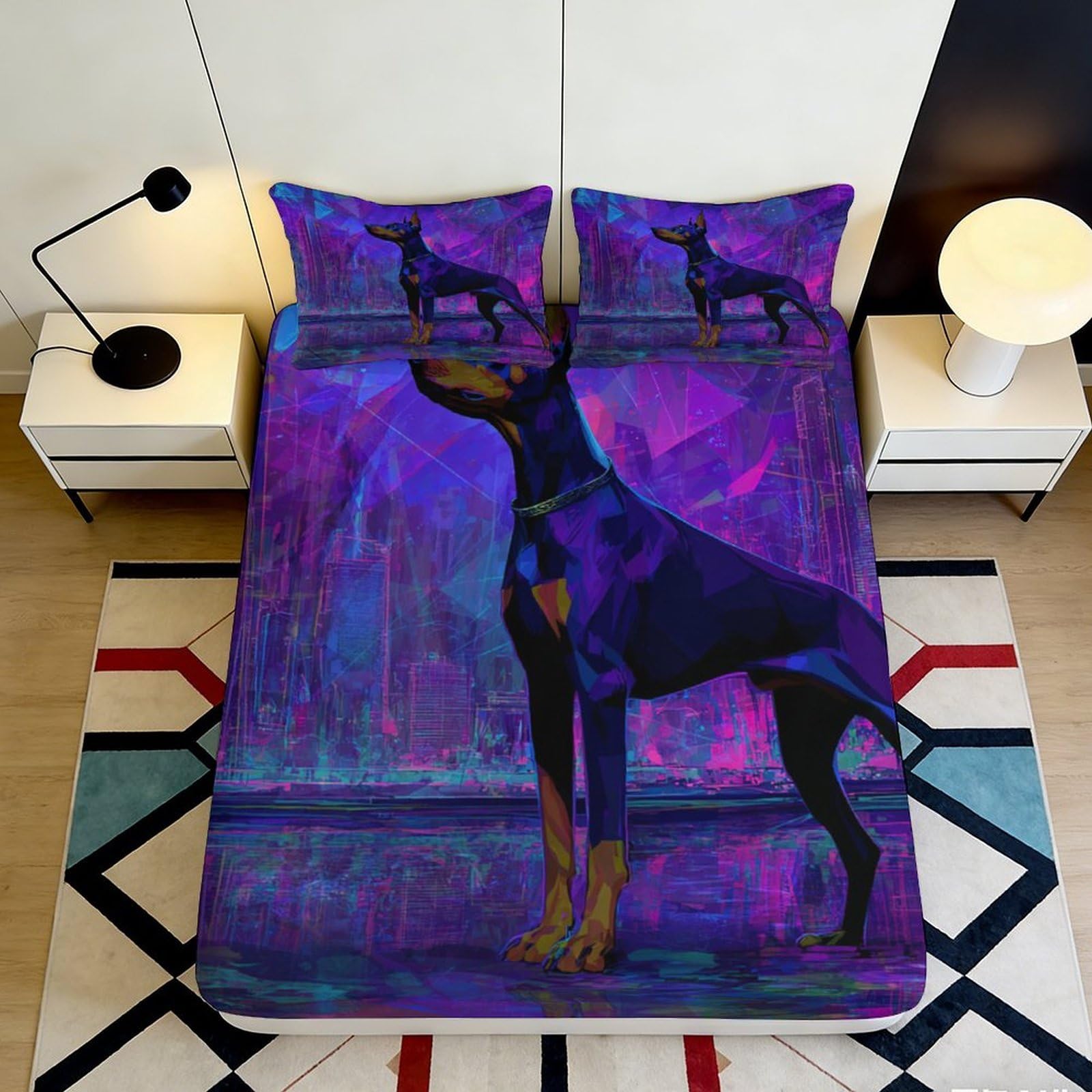 Pnayamiorkfel Style-3 3D Printed Purple Doberman Fitted Sheet Microfiber Soft Art Decor City Night Mattress Cover For Bedroom Dorm 90X200x25cm