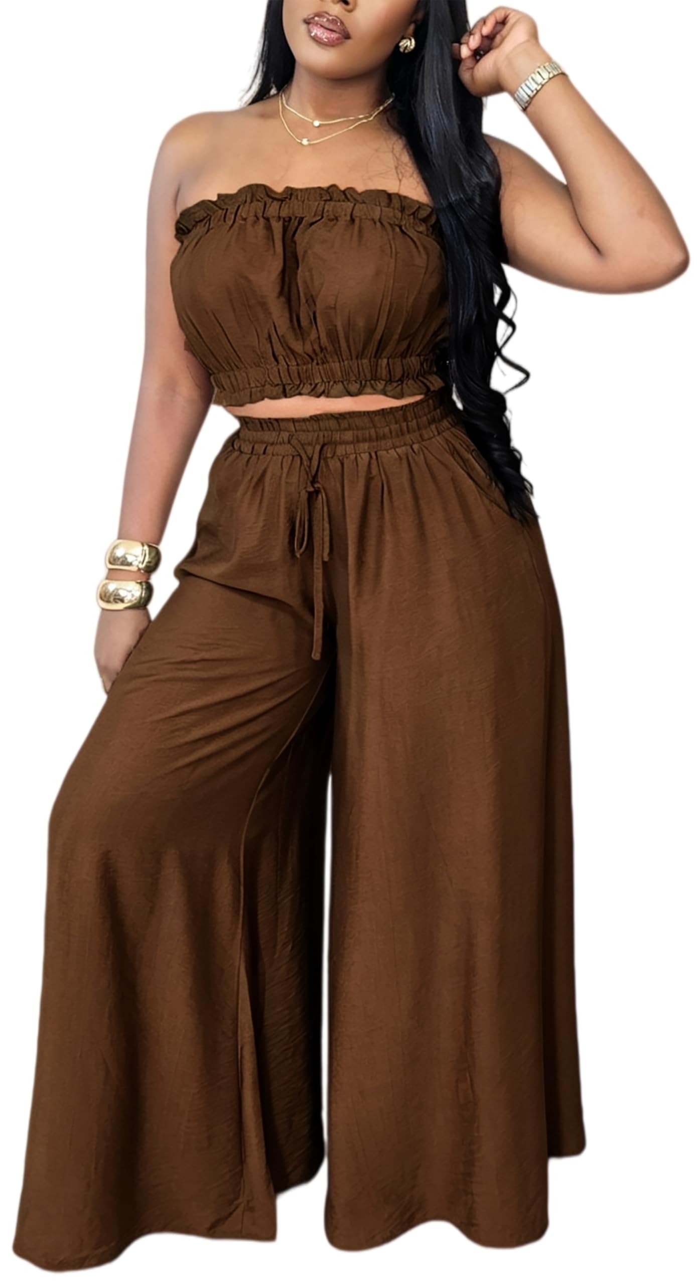 Two Piece Sets for Women Summer Outfits Crop Tops and Wide Leg Pants Sets Sexy Jumpsuits Vacation Outfits with Pockets