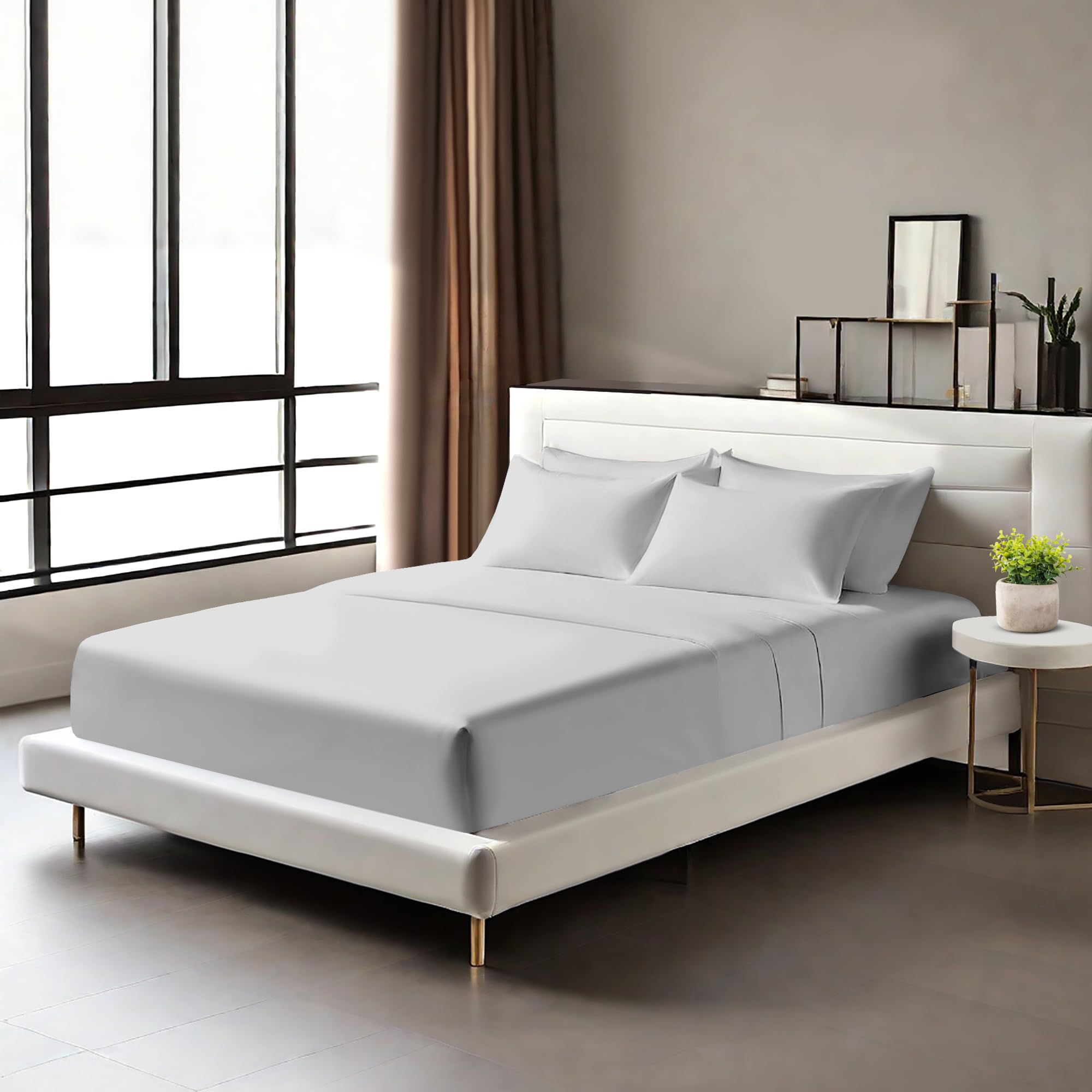 Egyptian Cotton Fitted Sheets 25cm Deep Mattress Pocket 200 Thread Count Fitted Bed Sheet- Soft & Comfortable Bottom Sheet (Silver