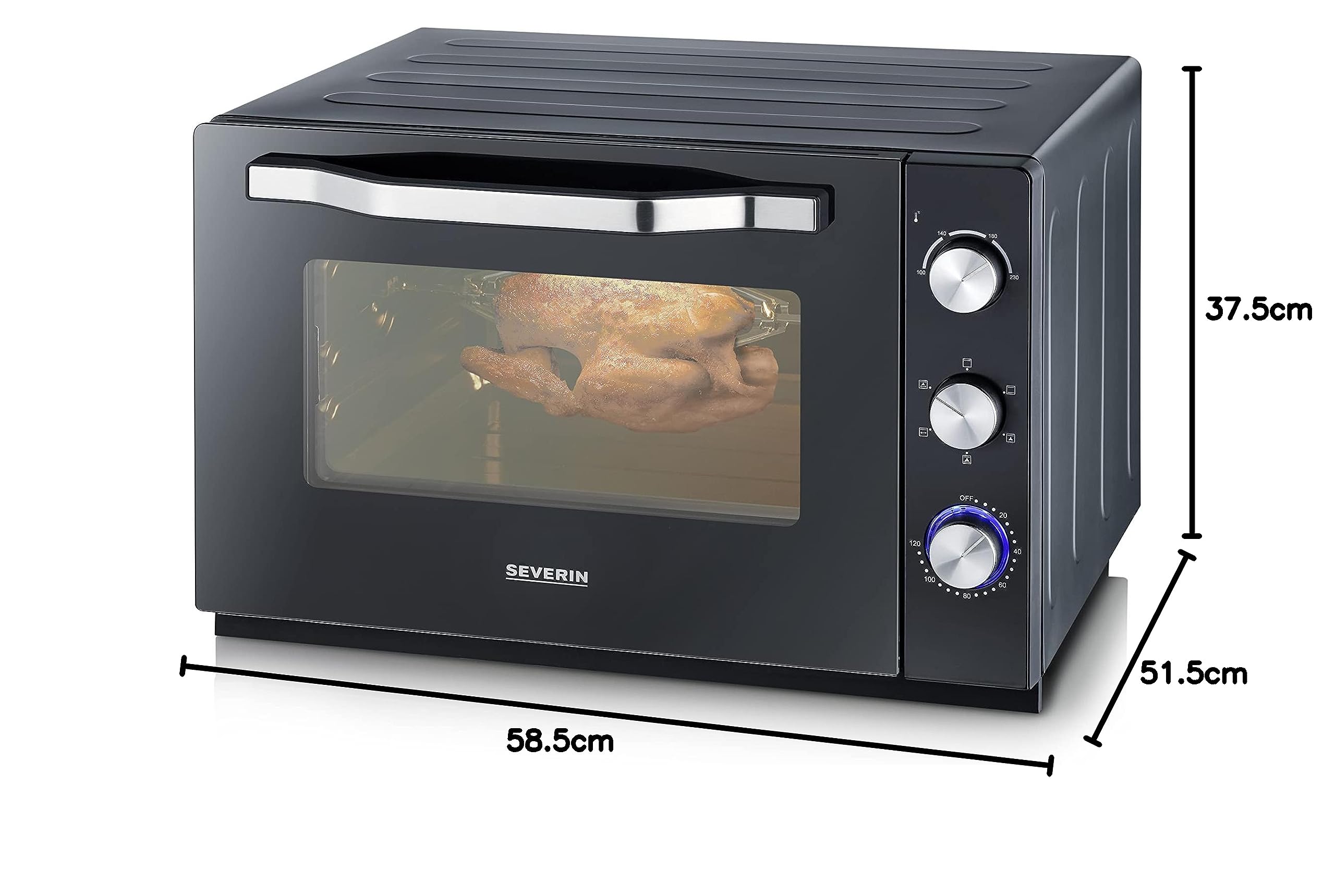 SEVERIN Four posable XXL à Chaleur Tournante 60 L avec pierre à pizza et tournebroche 2 200 W design simple et élégant, Four électrique avec minuteur 120 min, Noir/Inox, TO 2073