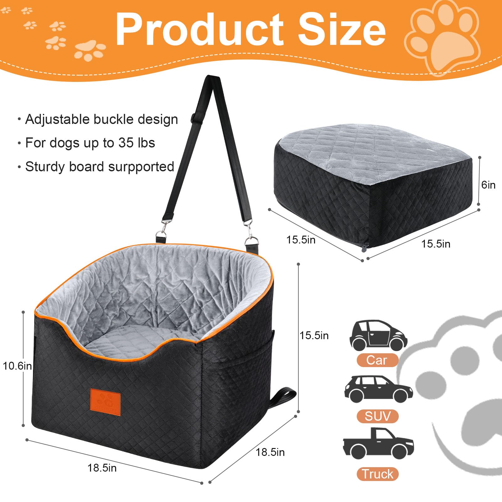 Dog Car Seat for Small Dogs, Memory Foam Booster Dog Seat for Dogs up to 35 lbs, Elevated Pet Car Seat with Washable Removable Cover, Storage Pockets(Black/Gray) - image 2