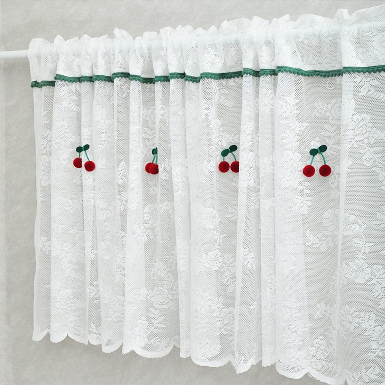 White lace Kitchen Curtain, Beautiful Tier Curtains Cherry Decoration, Curtain Valance Rod Pocket, for Decor Windows, wardrobes, cabinets, etc (Size : W180xH80cm/70.8x31.5in)