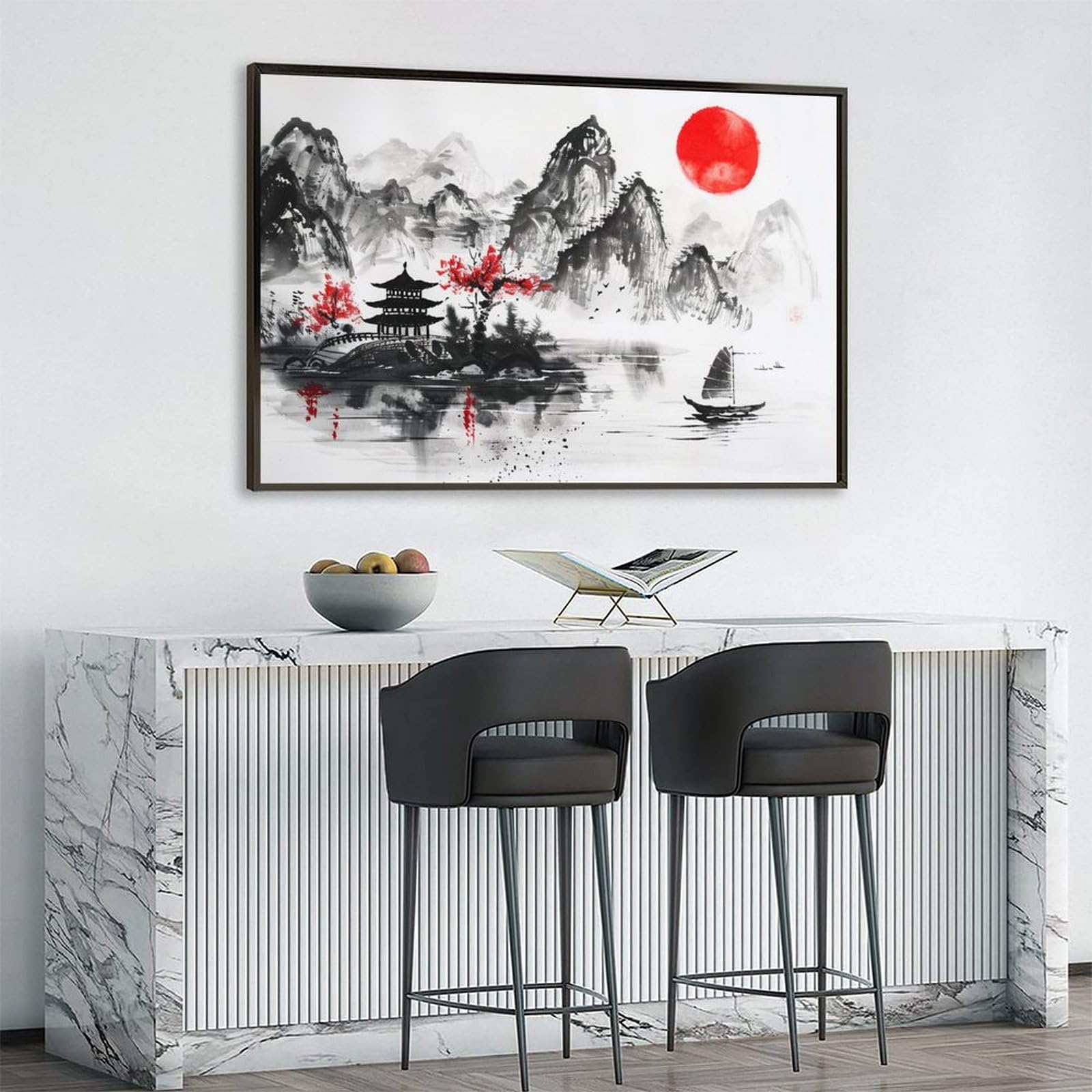 美術品・アンティーク・コレクション 丸型額装 水墨画 風景画 中国