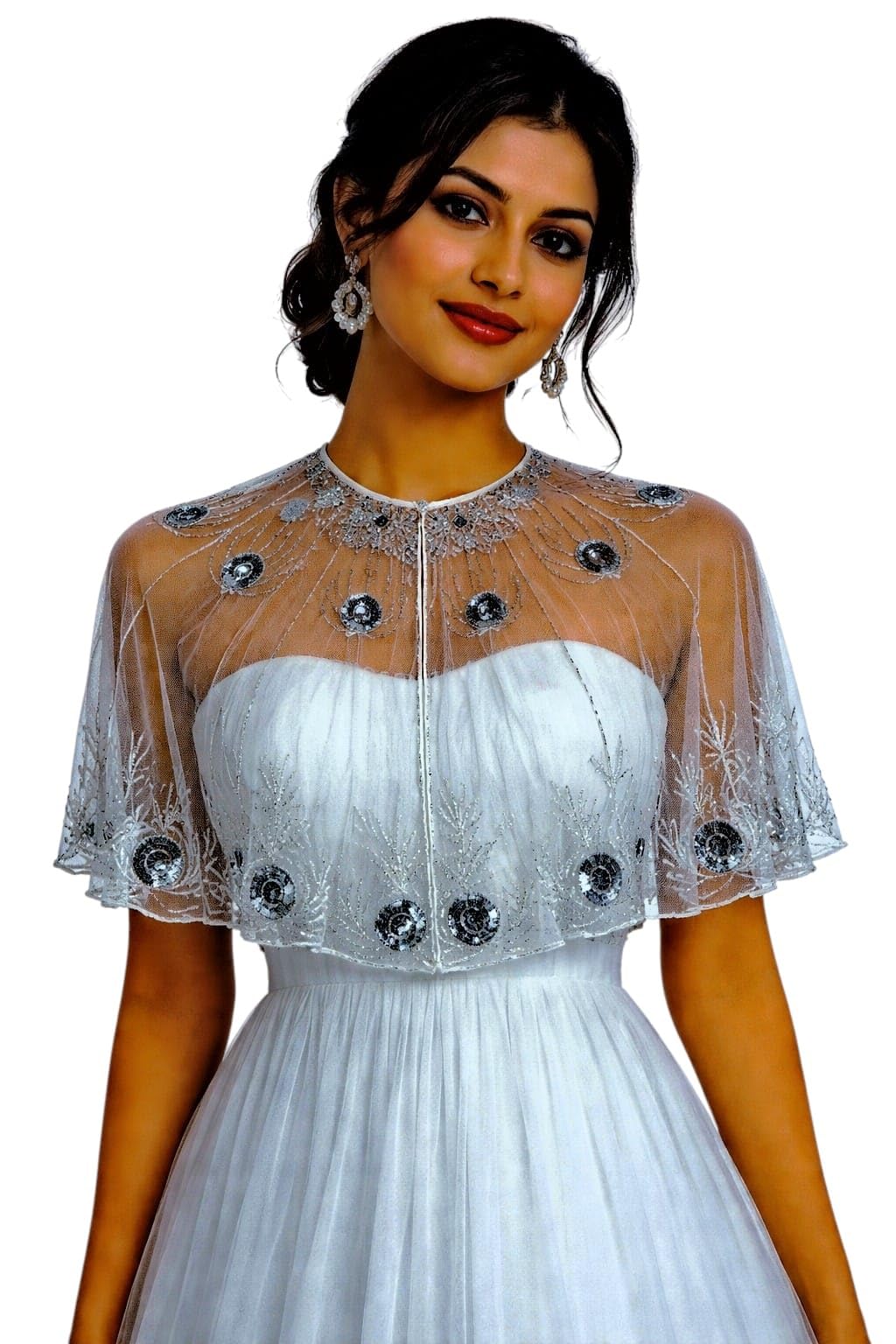Embellished Net Cape Shrug, White, Sequin & Bead Work, Bridal Bolero, Wedding-image-17