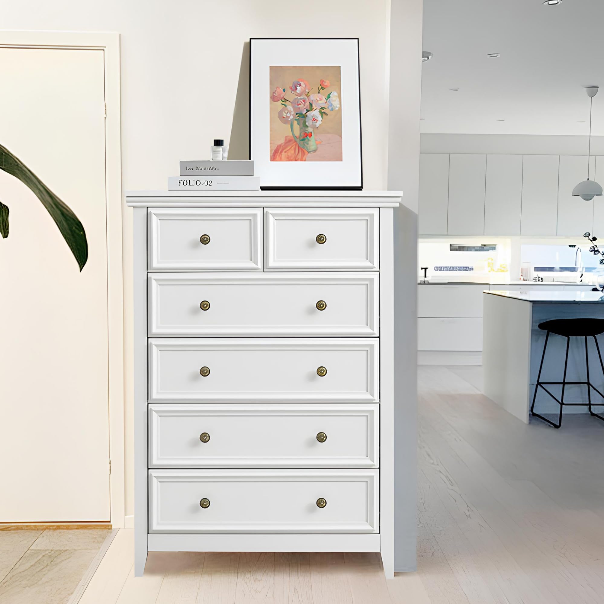 roomfitters Modern 6 Drawers Dresser 6 Drawers Cabinet,Chest of Drawers Closet Organizers and Storage Clothes Storage Drawers Cabinet for Living Room, Farmhouse Dresser Organizer White