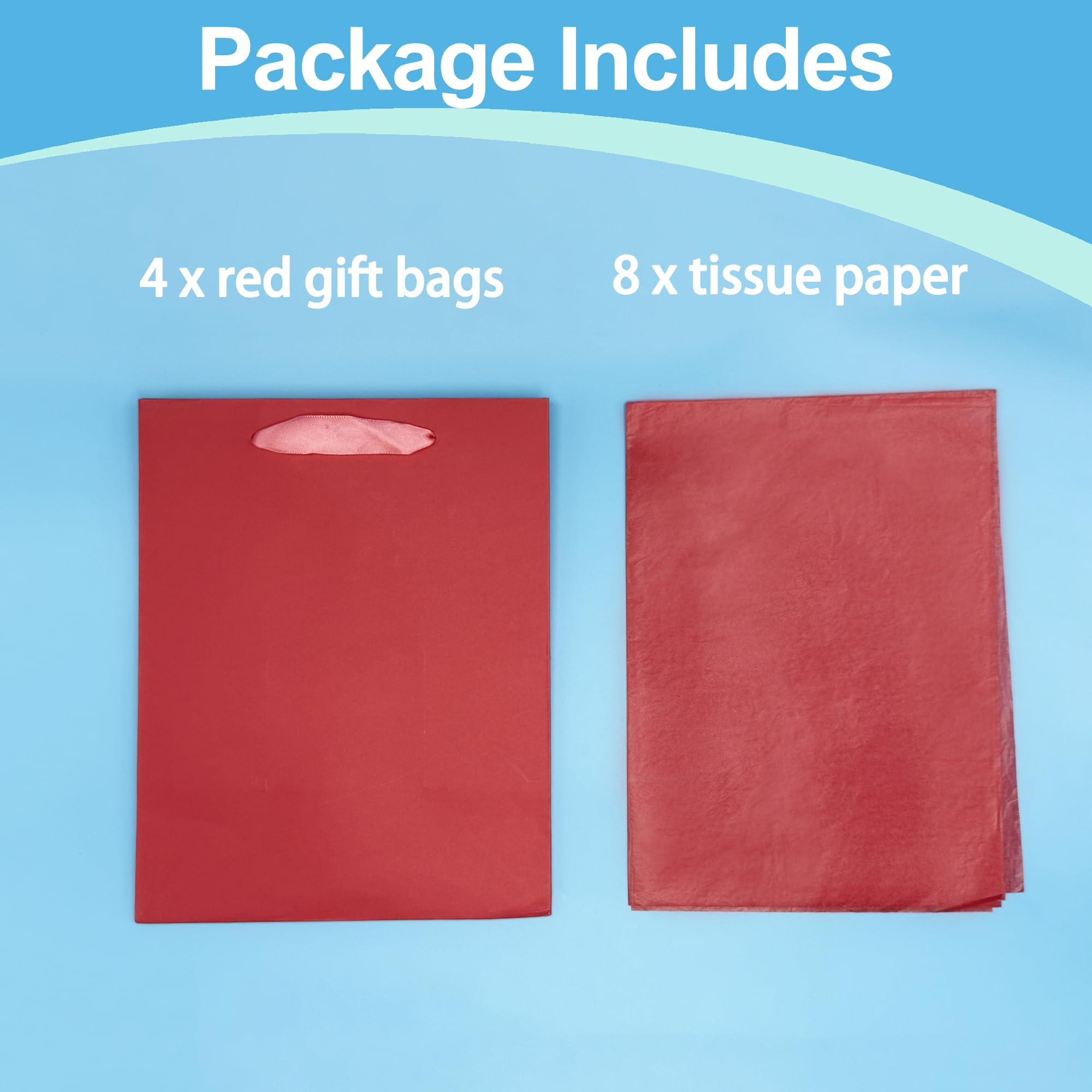 MOXARYSU 4 Pcs Medium Red Gift Bags: 8x5x10 Inches Gift bags With Handles Party Favor Bags With 8 Tissue Paper For Party,Birthday,Baby Shower,Wedding（Red）