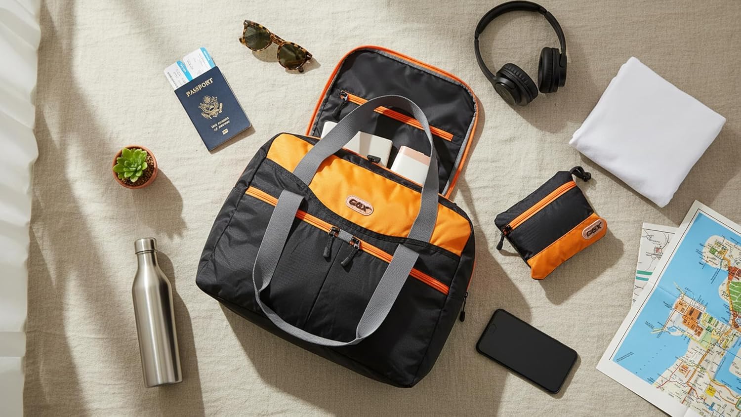GOX Ultra Light Foldable Packable Tote Bag Weekender Crossbody Duffel Nylon for Women Small Travel Tote under Seat Shoulder Bag on Plane Extra Large Bag with Zipper (Black&Orange)
