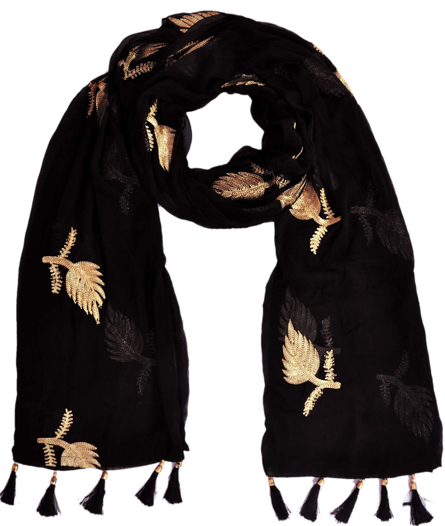 YOUTHQUAKE Women's Golden Patti Work Embroidered Chiffon Dupatta for Womens & Girls With Lace (Black)