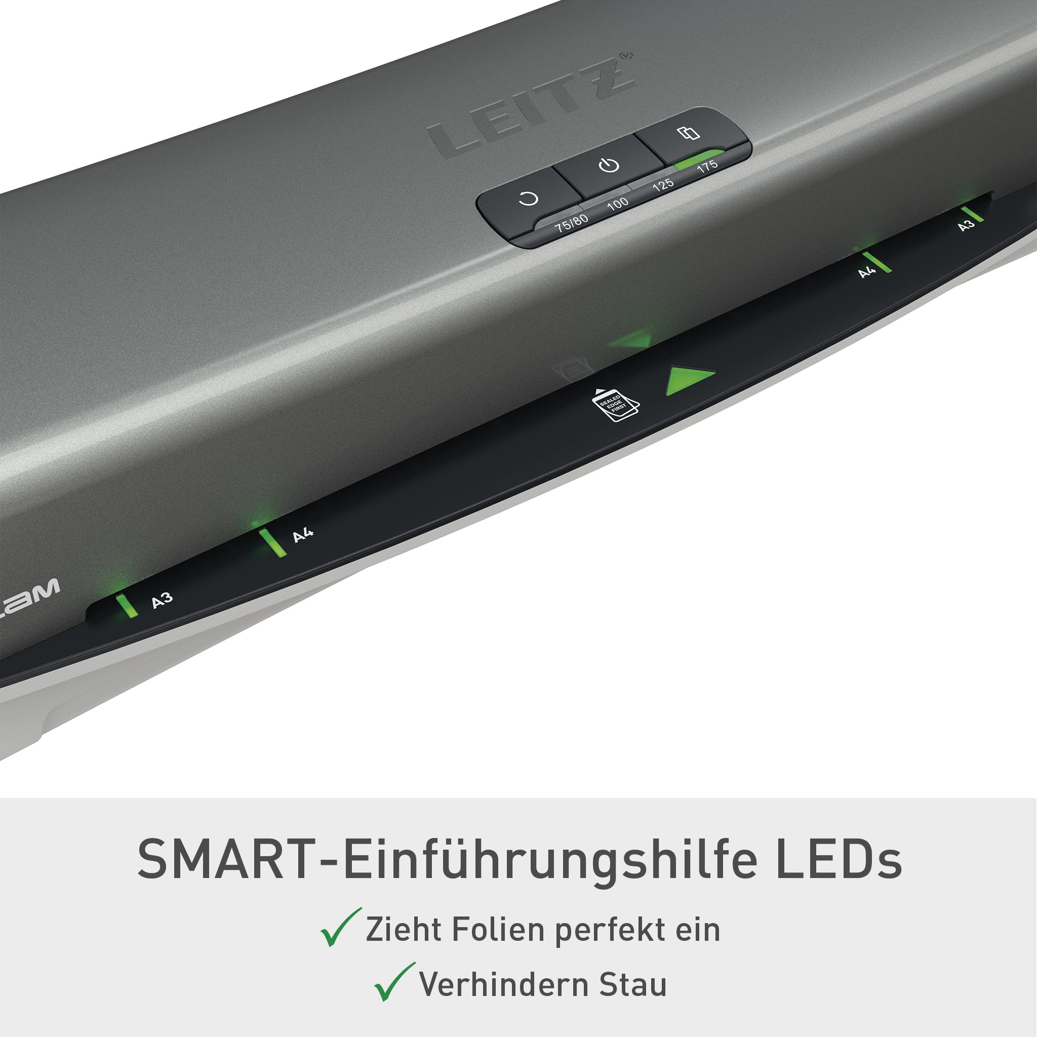 Leitz iLAM Office Pro A3 Laminiergerät, ultraschnelle Aufwärmzeit von 1 Min, für 75-175 mic Folien, Eingabehilfen-LEDs & LED-Status, Anti-Stau, Auto-Abschaltung, Hüllen-Starterkit, Grau/Weiß, 75180084