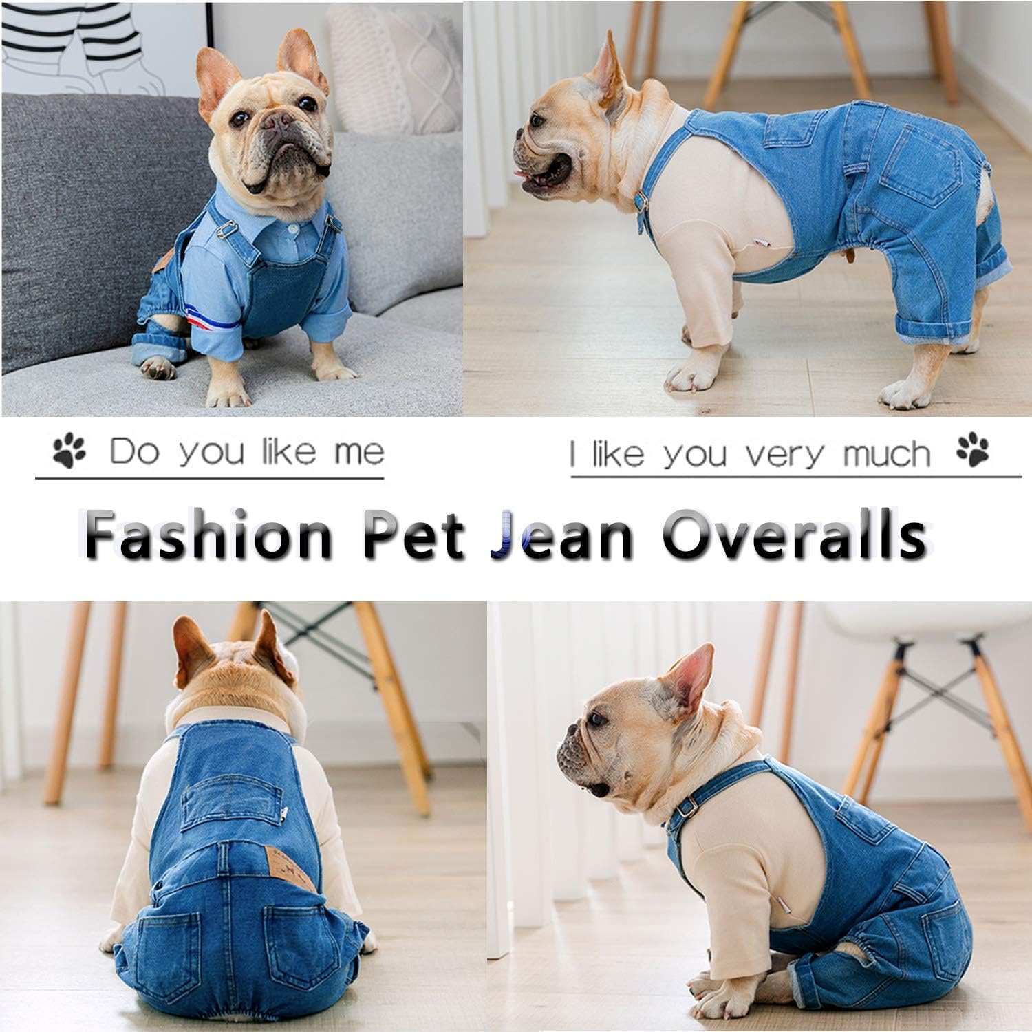Dog Overalls,Denim Jumpsuit for Small Pets, French Bulldog Cute Outfit | Soft Blue Jean Clothes for Puppy, Elastic Costumes Dresses, Shirt & Pant Sets for Daily Halloween Small Dogs Cats Girl Boy