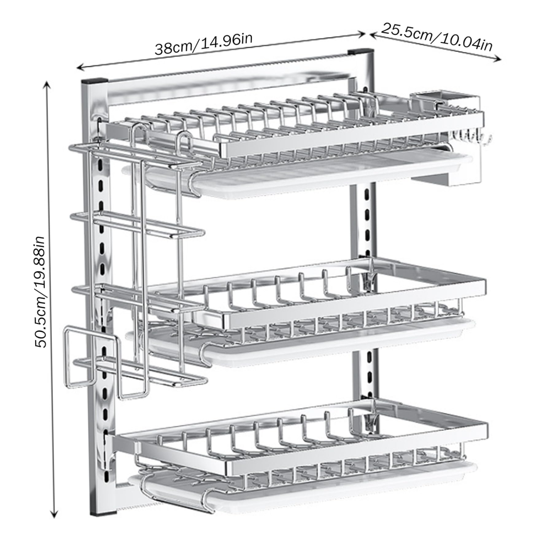 Escurridor de platos colgante de pared de 3 niveles con ganchos para escurridor y soporte para cubiertos, espacio ajustable y no necesita taladrar