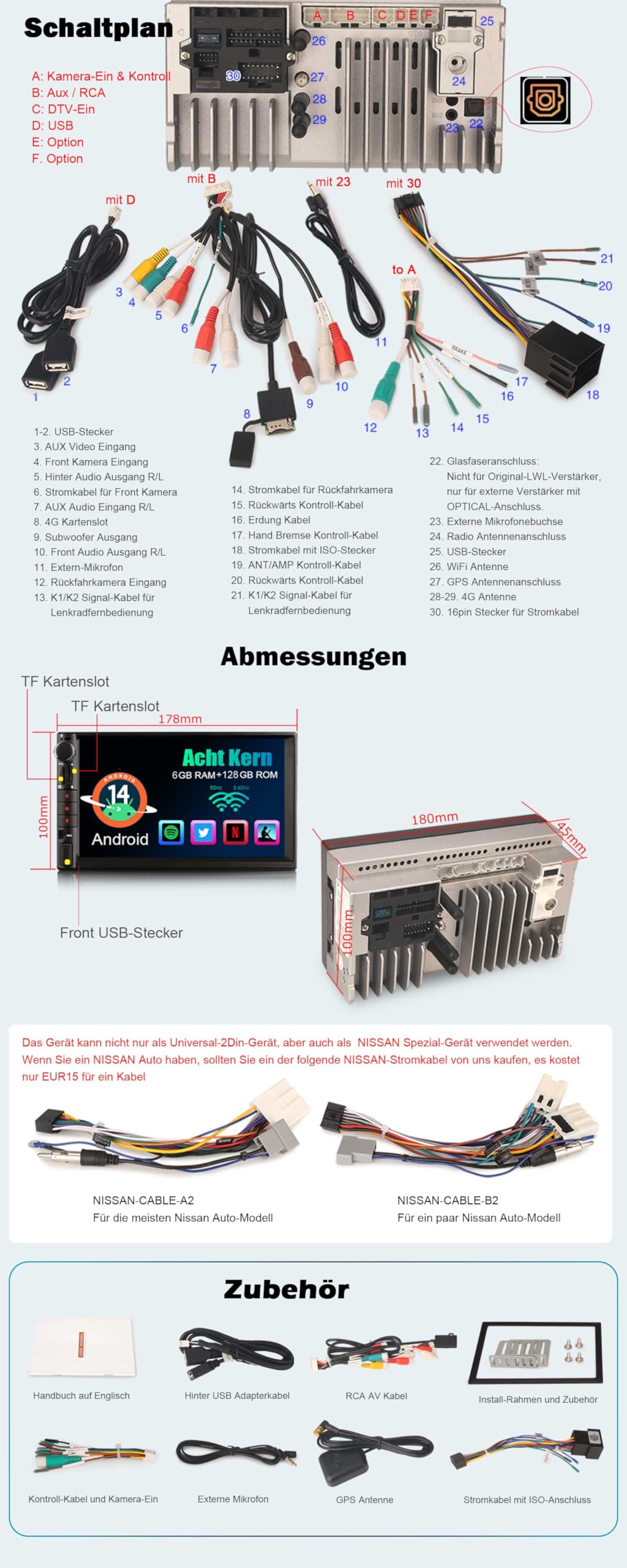 Erisin 6 GB + 128 GB, 8-rdzeniowy Android 14, podwójny DIN, uniwersalny GPS z nawigacją, radio samochodowe Bluetooth, 2 DIN do Nissan, 7-calowy ekran dotykowy IPS, obsługuje DAB+ CarPlay Android Auto
