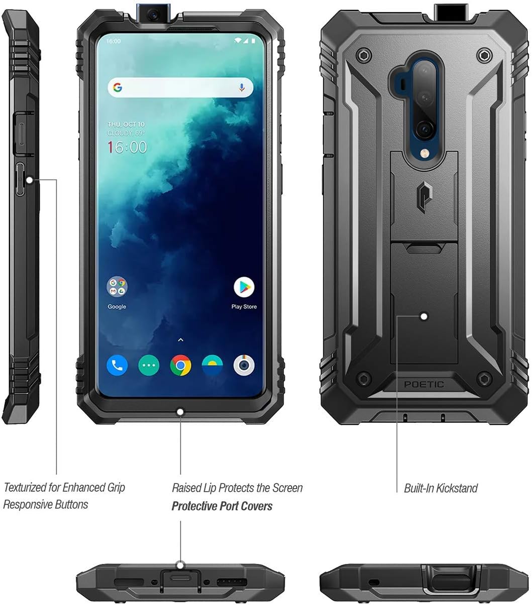 Poetic Revolution Series Designed for OnePlus 7T Pro/OnePlus 7 Pro, Full-Body Rugged Dual-Layer Shockproof Protective Cover with Kickstand and Built-in-Screen Protector, Black