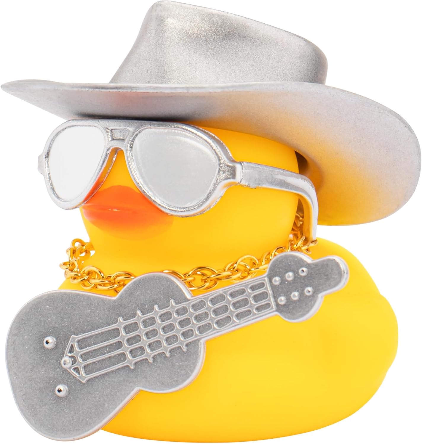 wonuu Cowboy Hat Car Rubber Ducks, Dashboard Decorations Rubber Ducky for Car Ornament Cute Duck with Hat, Glasses, Necklace, Mini Guitar, Silver